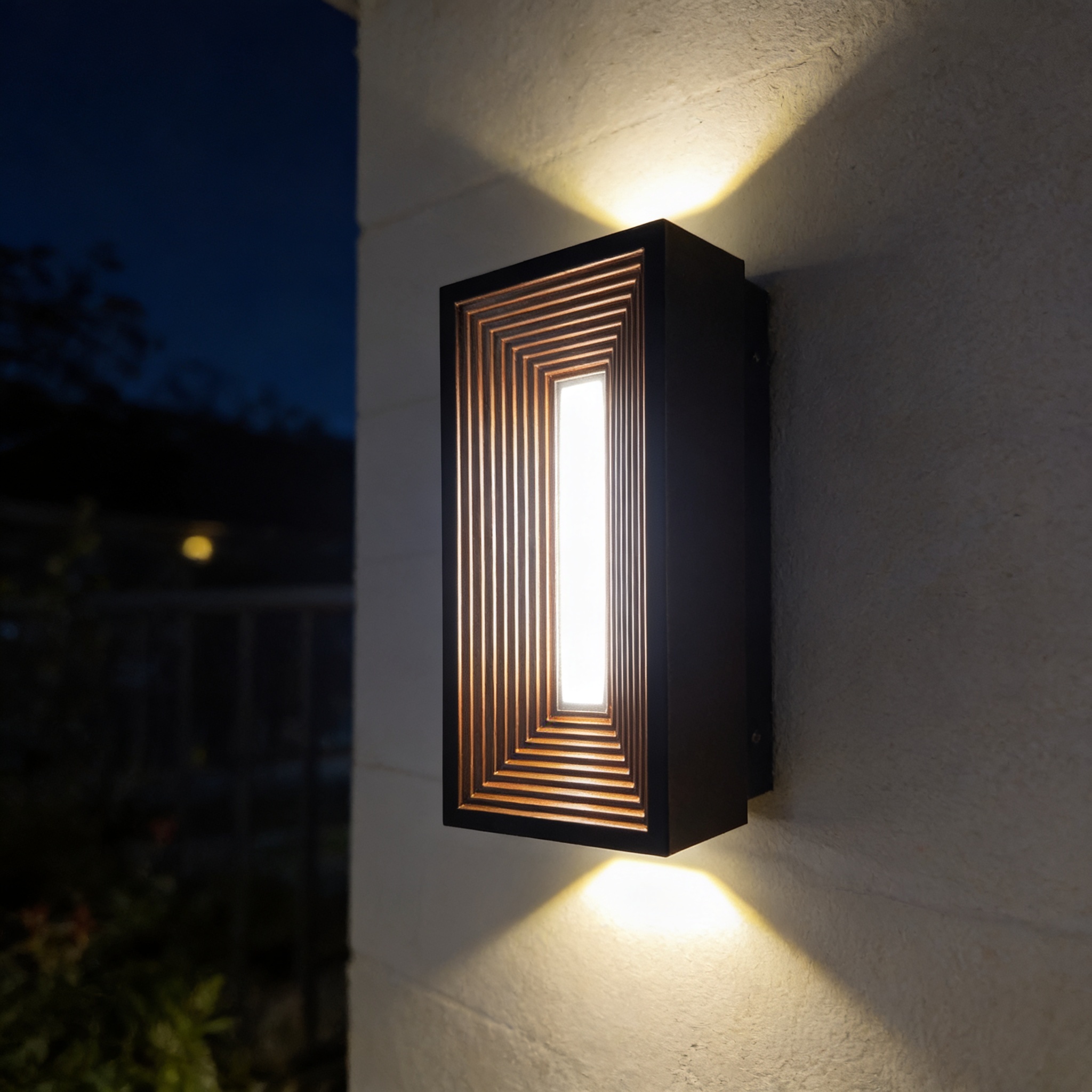 Alternative view of modern outdoor wall sconce, a type of home decor light fixture