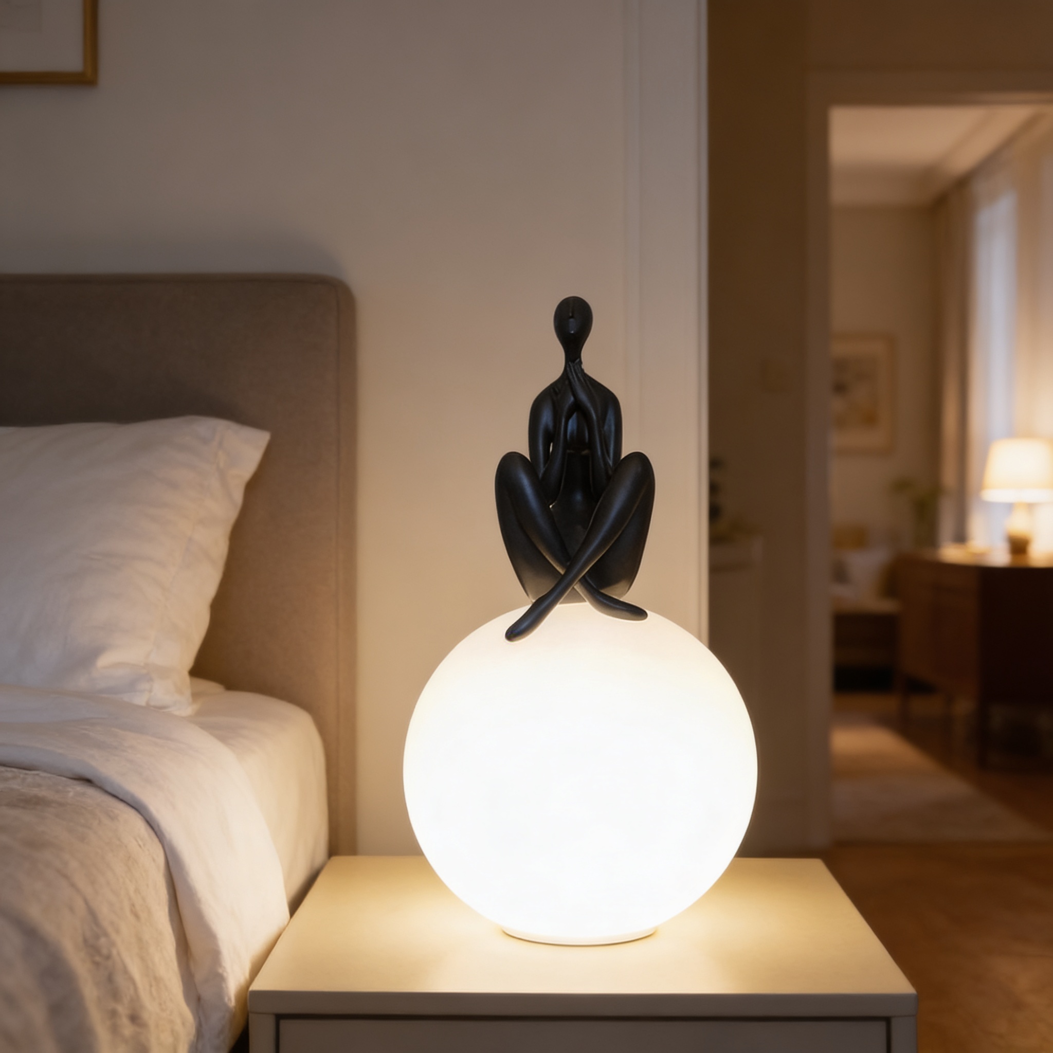 Alternative view of These are modern humanoid sculpture table lamps, likely featuring black resin figures holding acrylic globe shades.