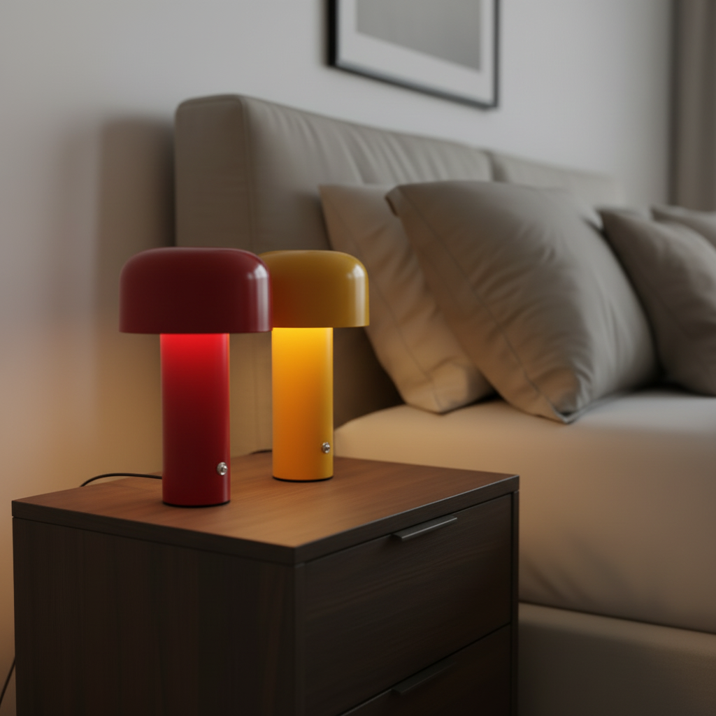 Alternative view of This is a red mushroom-shaped LED table lamp, likely similar to the Flos Bellhop or a comparable rechargeable.