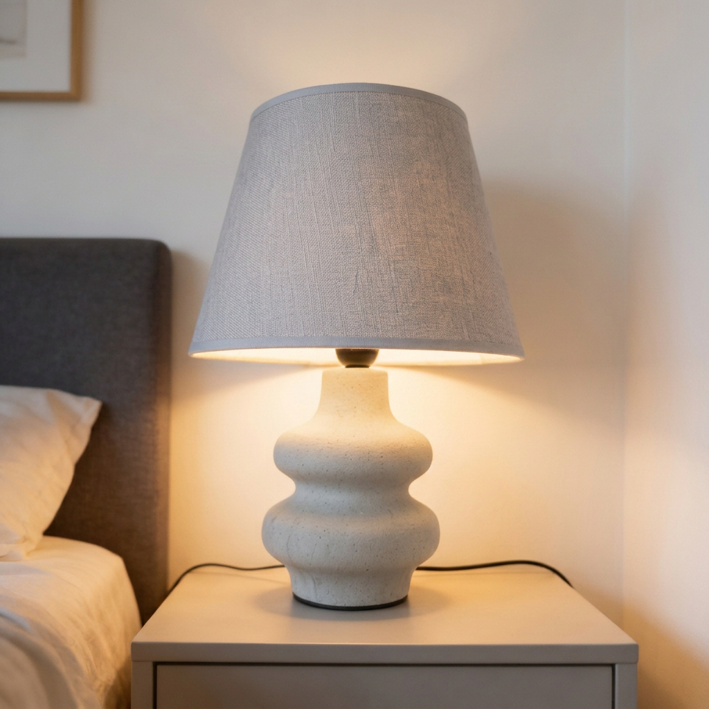 Alternative view of modern table lamp with a stacked double-circle base and a light gray fabric shade.