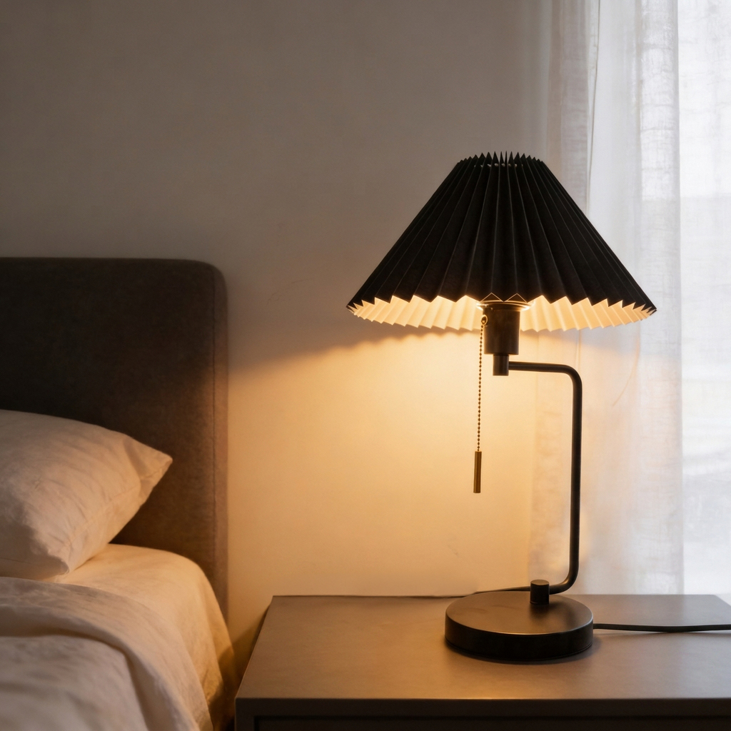 Alternative view of HAY Matin Table Lamp featuring a black pleated shade and a slender black metal base