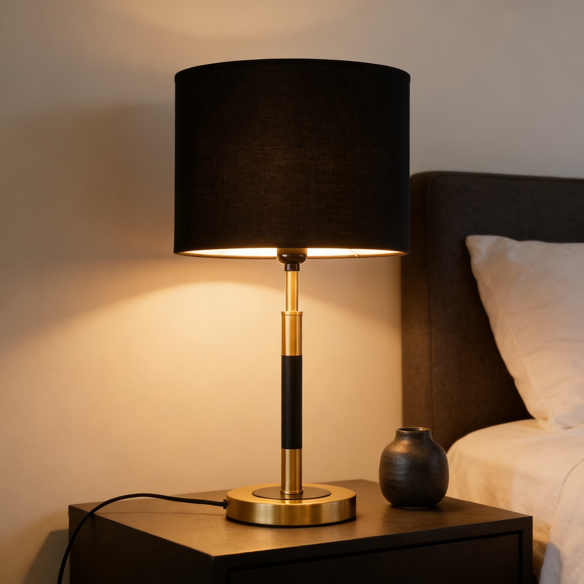 Alternative view of Bryce Black and Gold Metal Rise and Fall Table Lamp featuring a fabric shade and adjustable height. [1]
