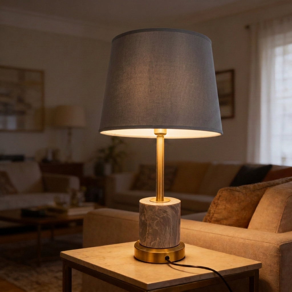 Alternative view of  Studio Gonka Luxury Marble Table Lamp featuring a grey marble base with brass hardware and a fabric shade. [1]