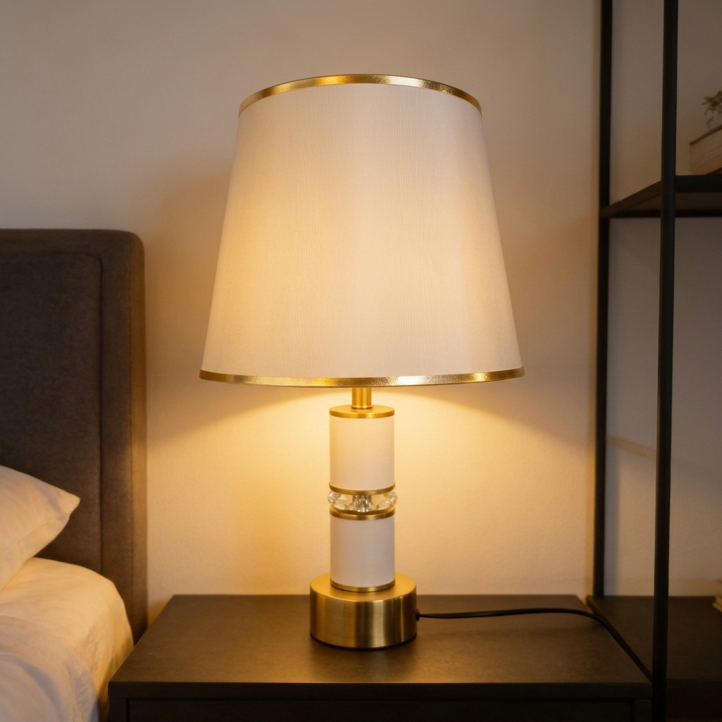 Alternative view of white marble table lamp with a beige fabric lampshade featuring gold edging