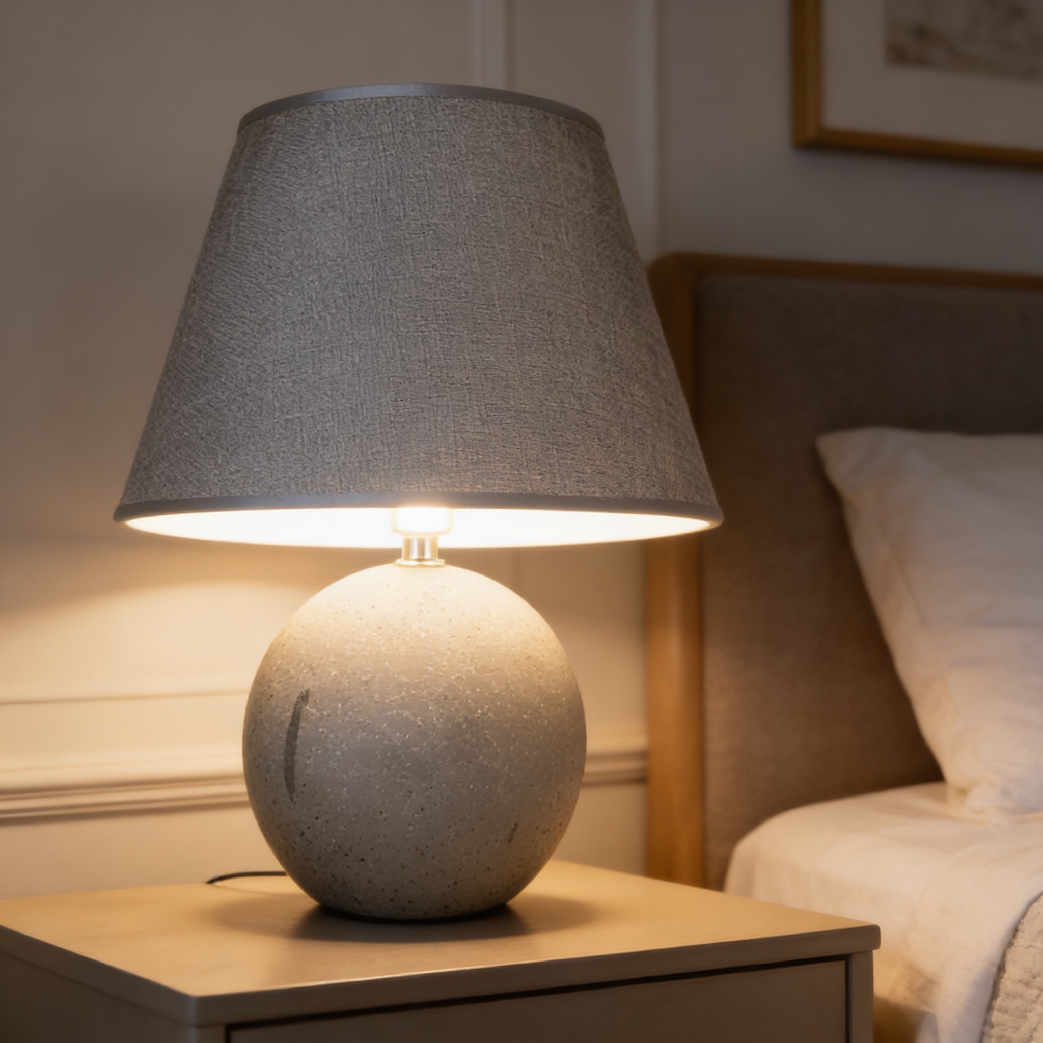Alternative view of grey table lamp and textured fabric 