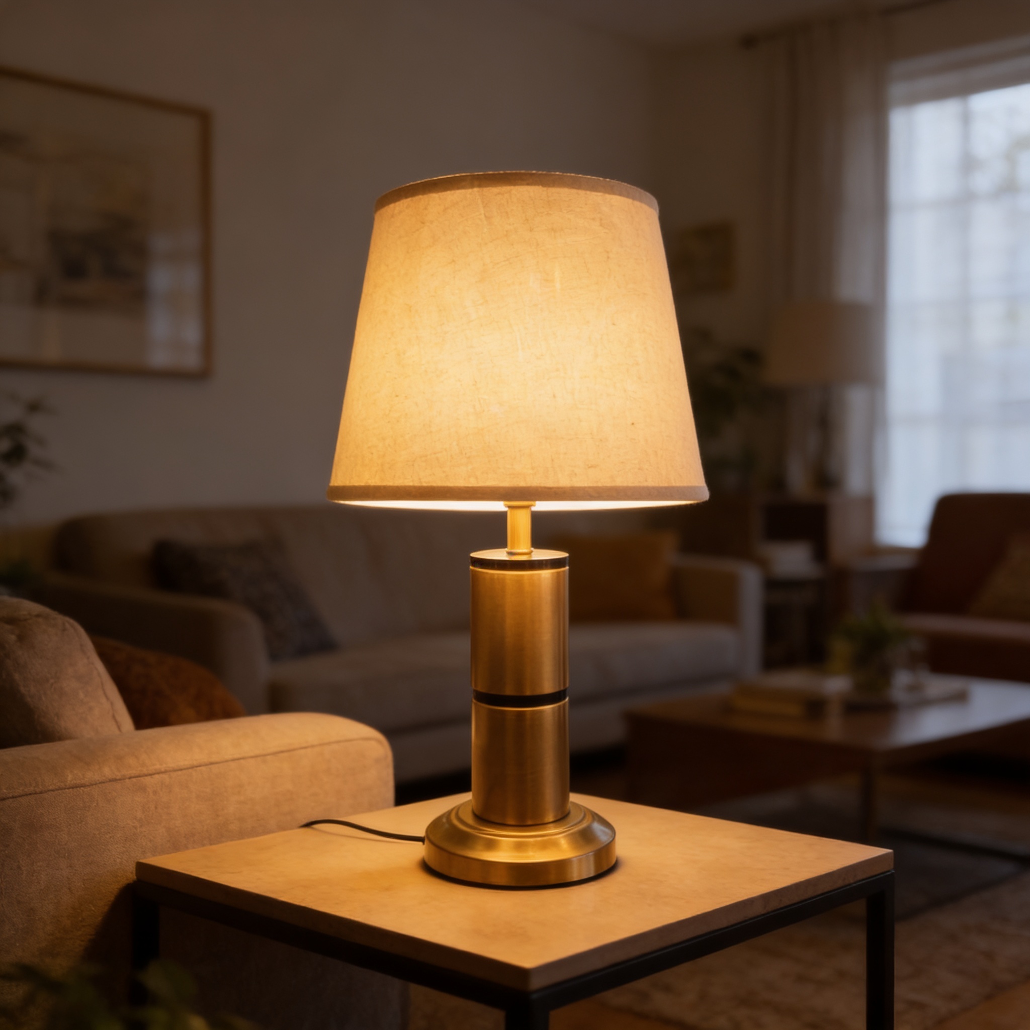 Alternative view of modern brass table lamp with a beige fabric drum shade
