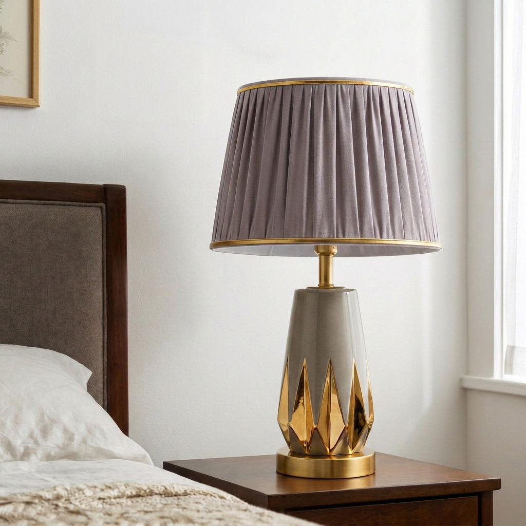 Alternative view of table lamp featuring a pleated grey shade and a ceramic base with gold accents.