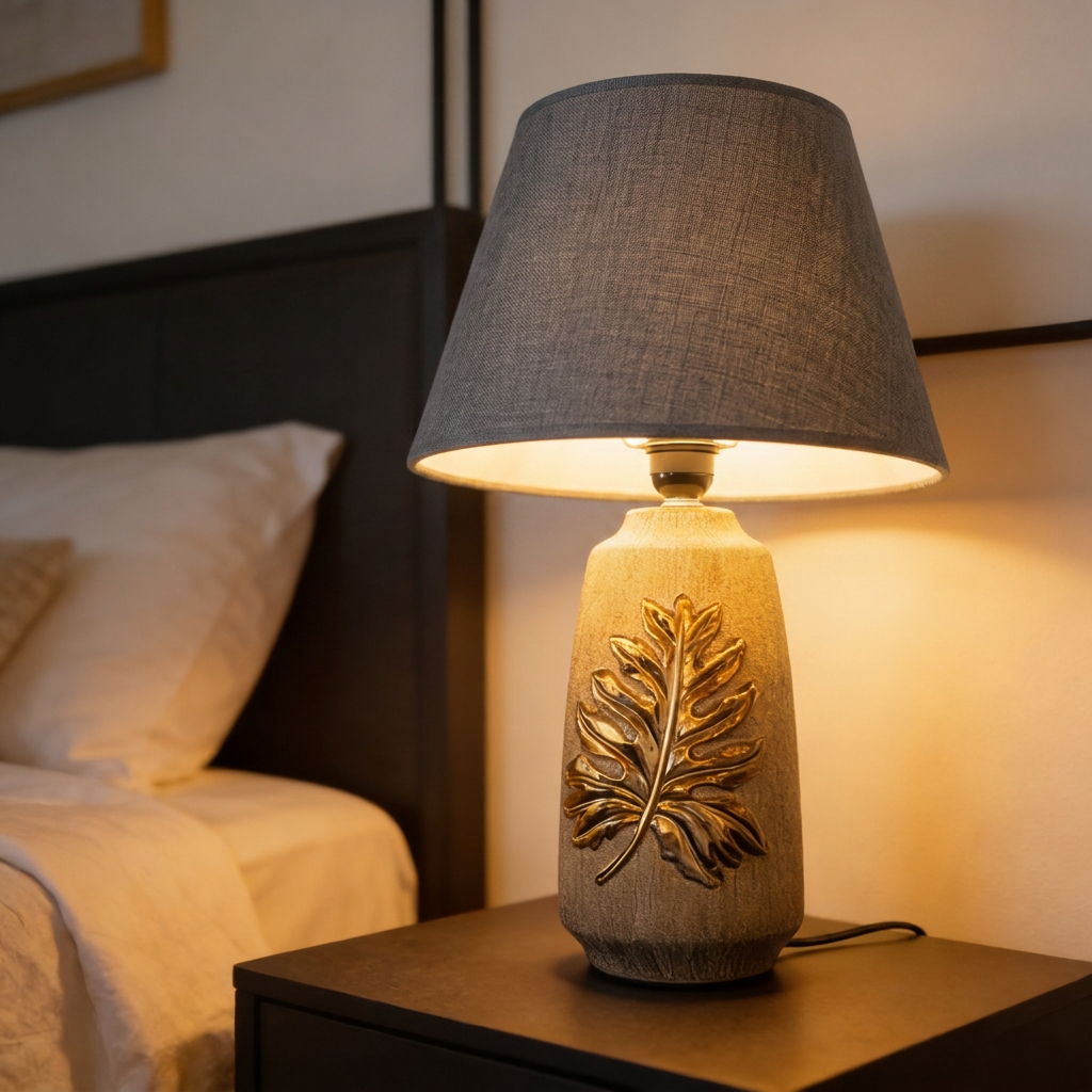 Alternative view of decorative ceramic table lamp with a gold leaf design.