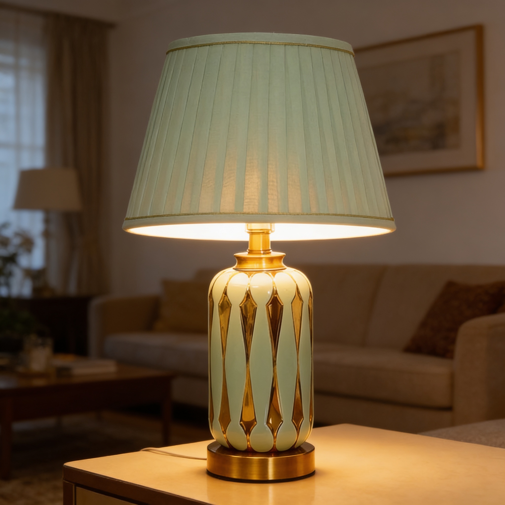 Alternative view of light green and gold modern luxury ceramic table lamp featuring a structured fabric shade