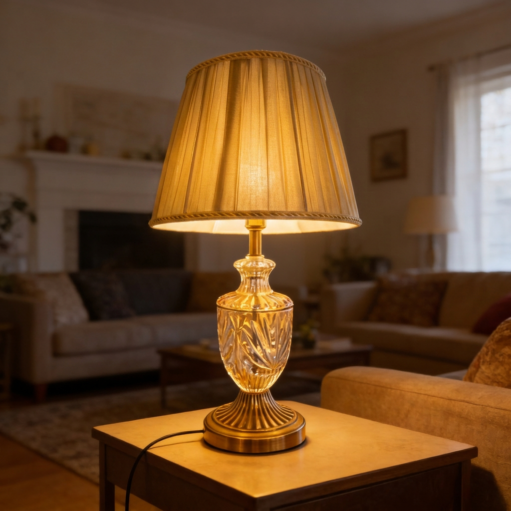Alternative view of vintage crystal table lamp with a brass-tone base, a fluted glass column, and a beige fabric shade