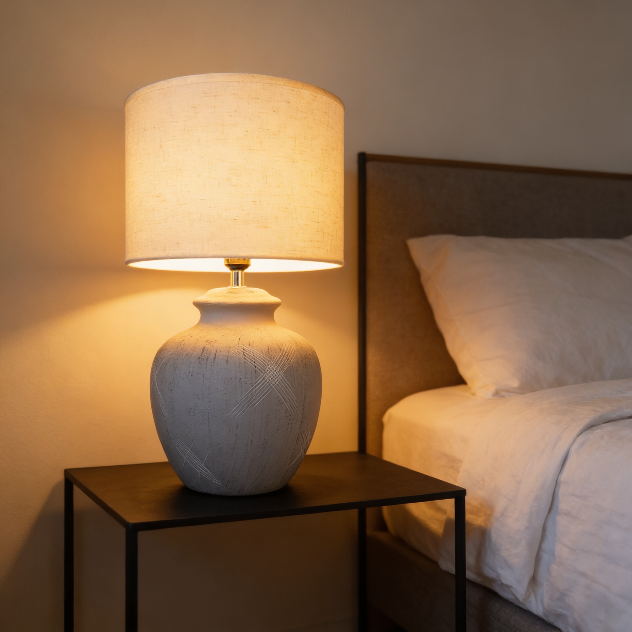 Alternative view of Rothbury Elliptical Table Lamp featuring a sculpted ceramic base and a linen drum shade.