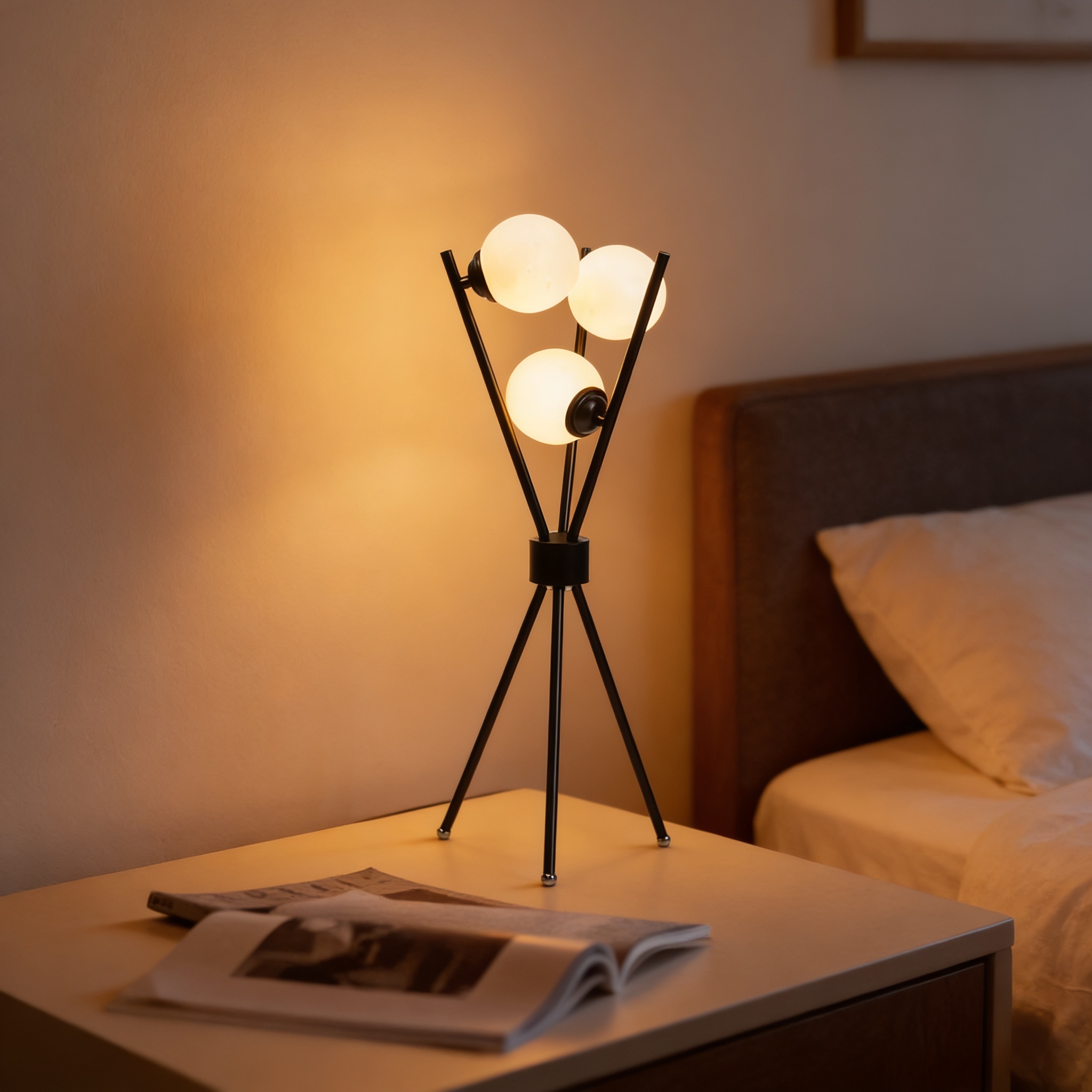 Alternative view of black tripod table lamp with three white globe glass shades