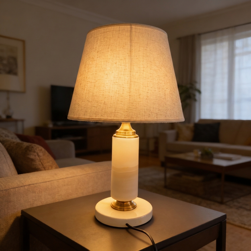 Alternative view of Uttermost Plinth White Marble Table Lamp with brass accents and a textured shade. [1, 2]
