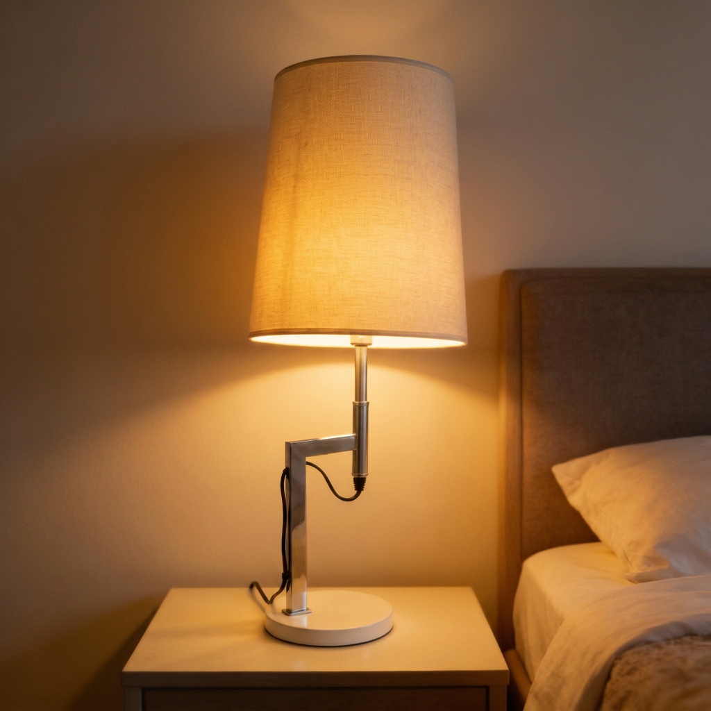 Alternative view of modern table lamp featuring a chrome asymmetrical base and a neutral fabric drum shade.