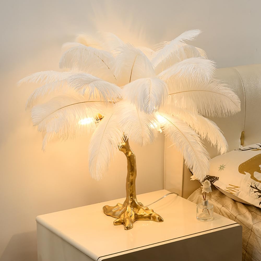 Alternative view of JAYMP Ostrich Feather Table Lamp featuring a gold tree-shaped base and white natural feathers.
