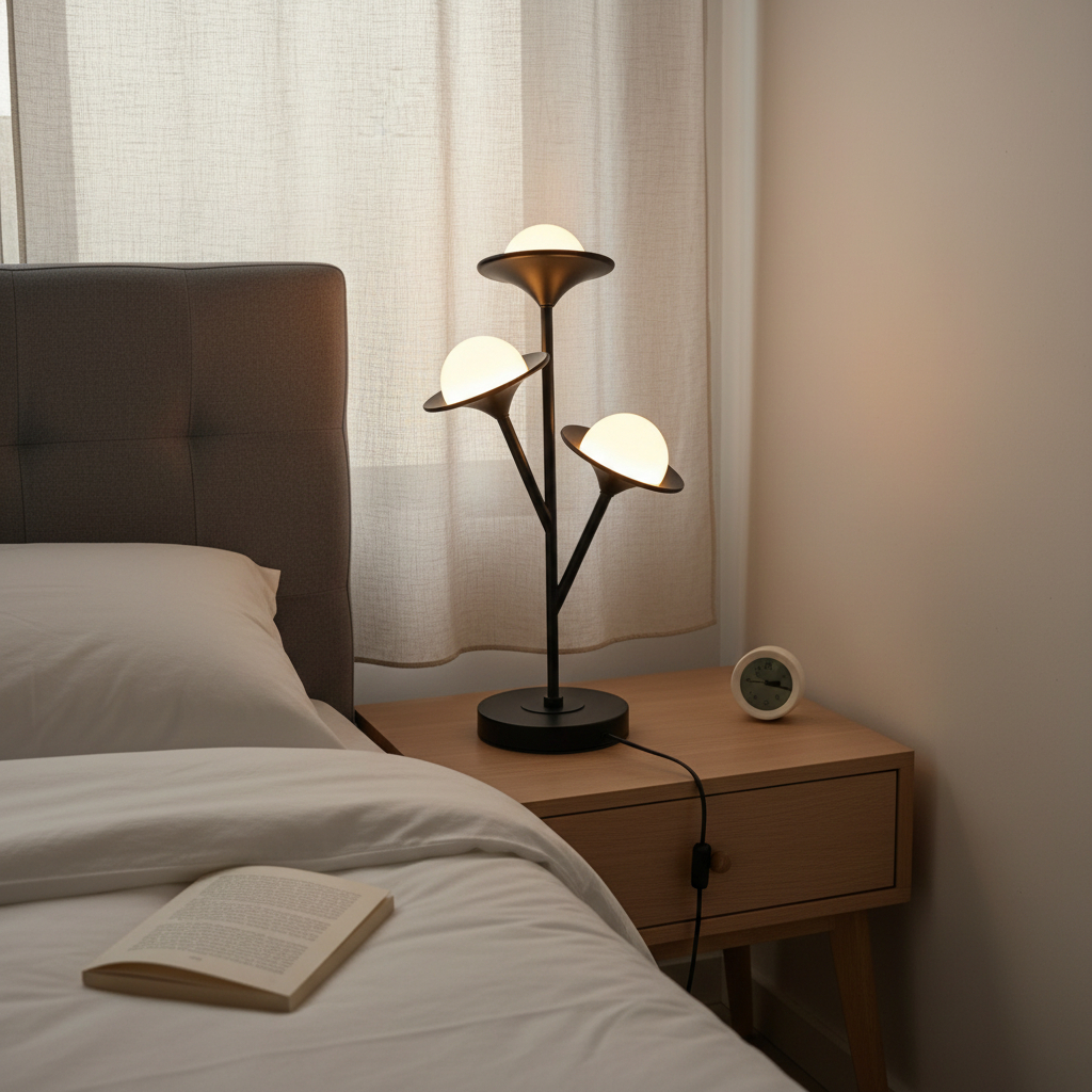Alternative view of modern metal table lamp with three white frosted globe shades.