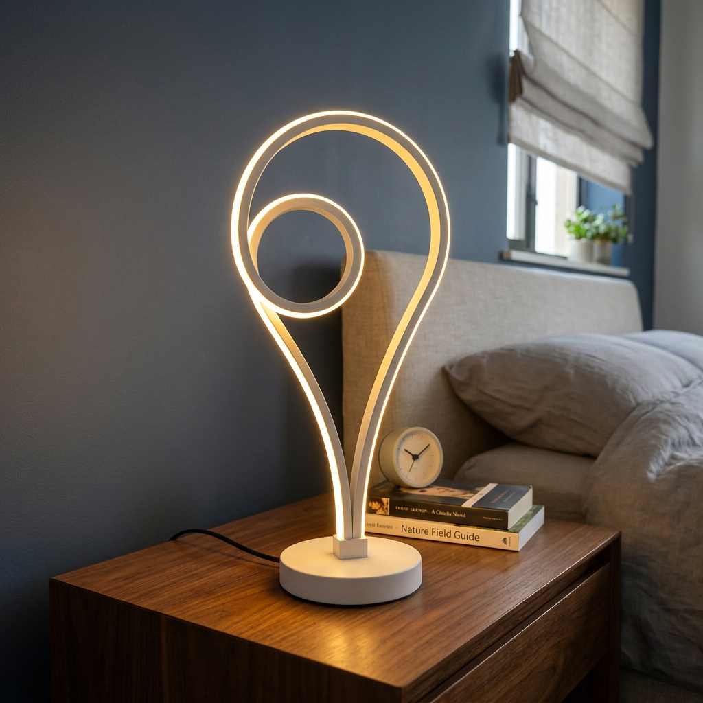 Alternative view of modern minimalist heart-shaped LED table lamp.
