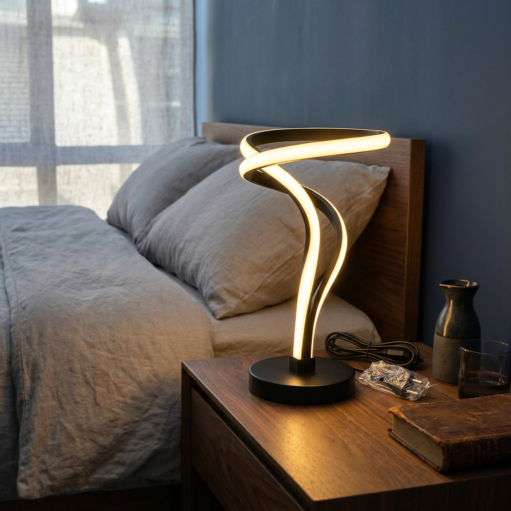 Alternative view of modern spiral integrated LED table lamp, often referred to as a sculptural or infinity spiral lamp