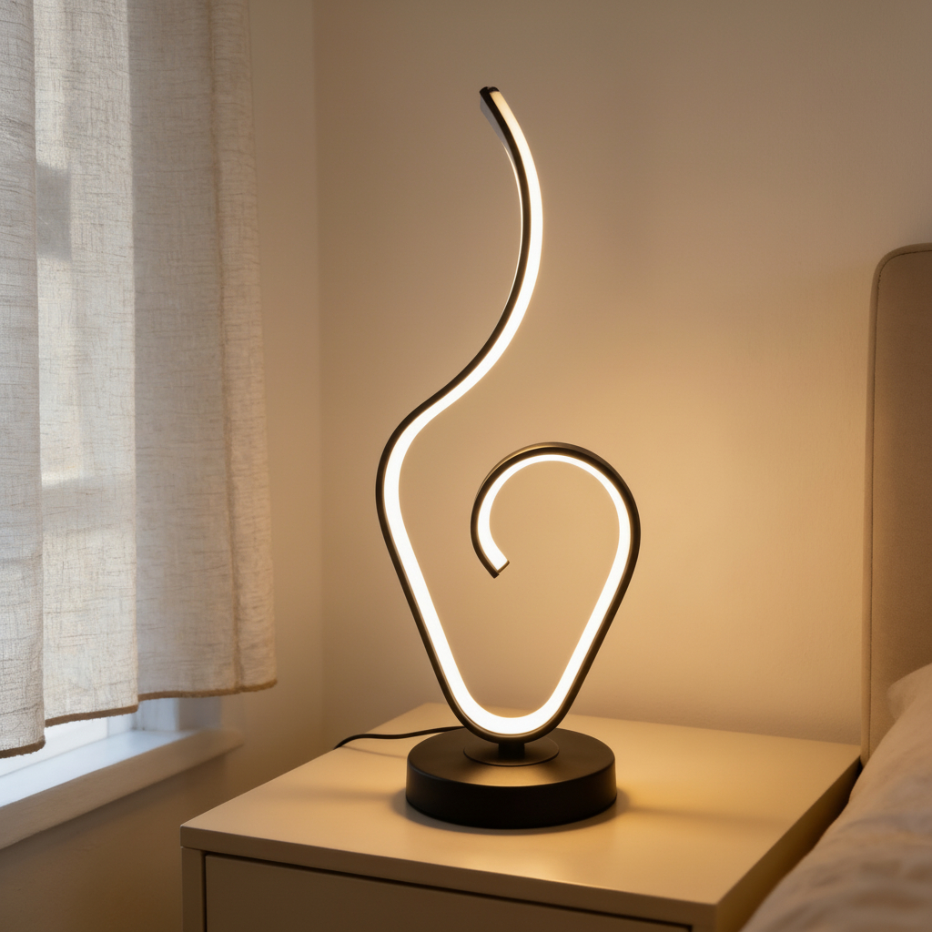Alternative view of modern black metal LED spiral table lamp