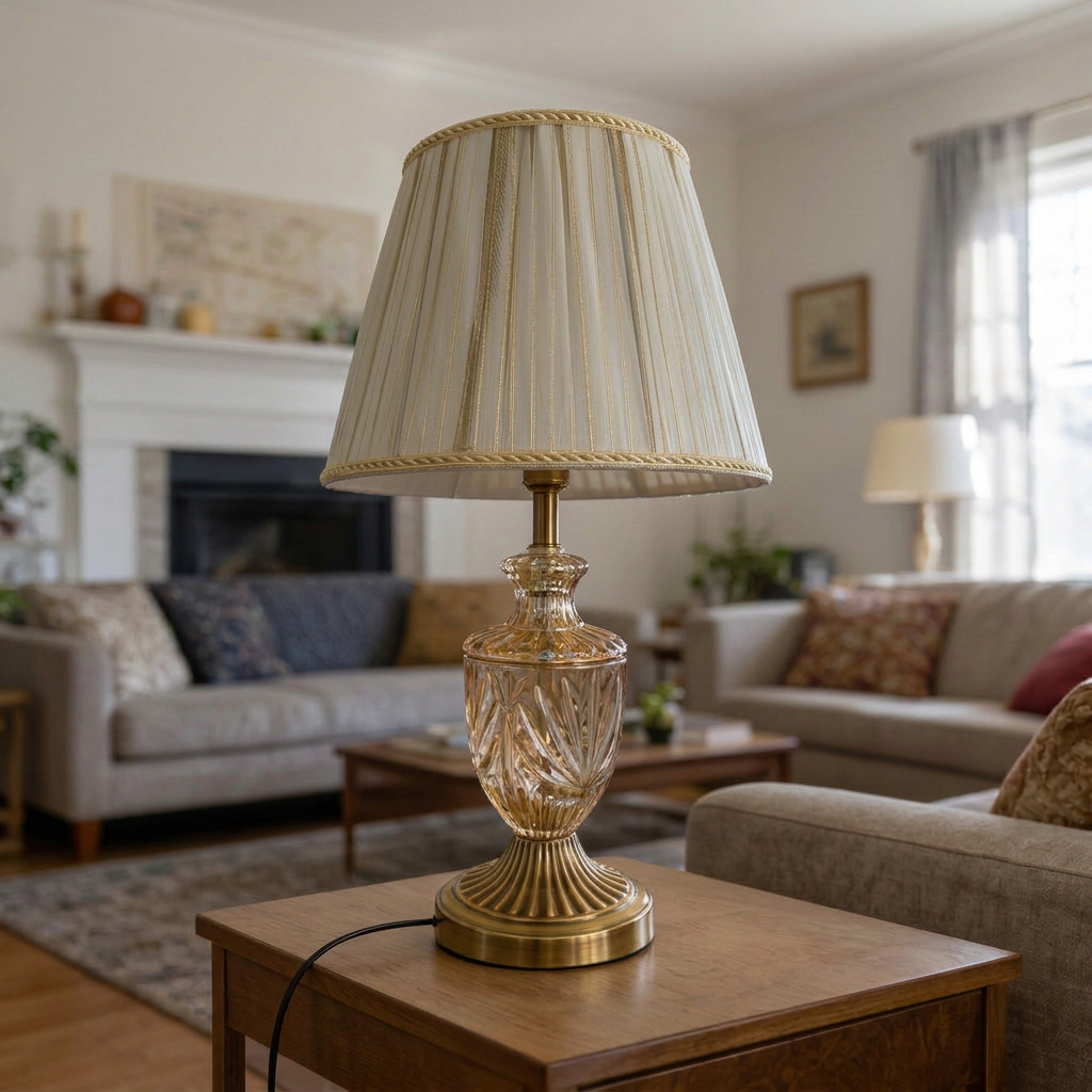 vintage crystal table lamp with a brass-tone base, a fluted glass column, and a beige fabric shade