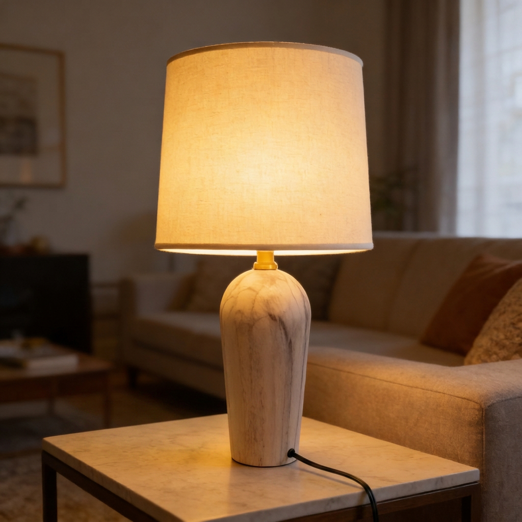 Alternative view of natural wood and laiton table lamp with a beige shade