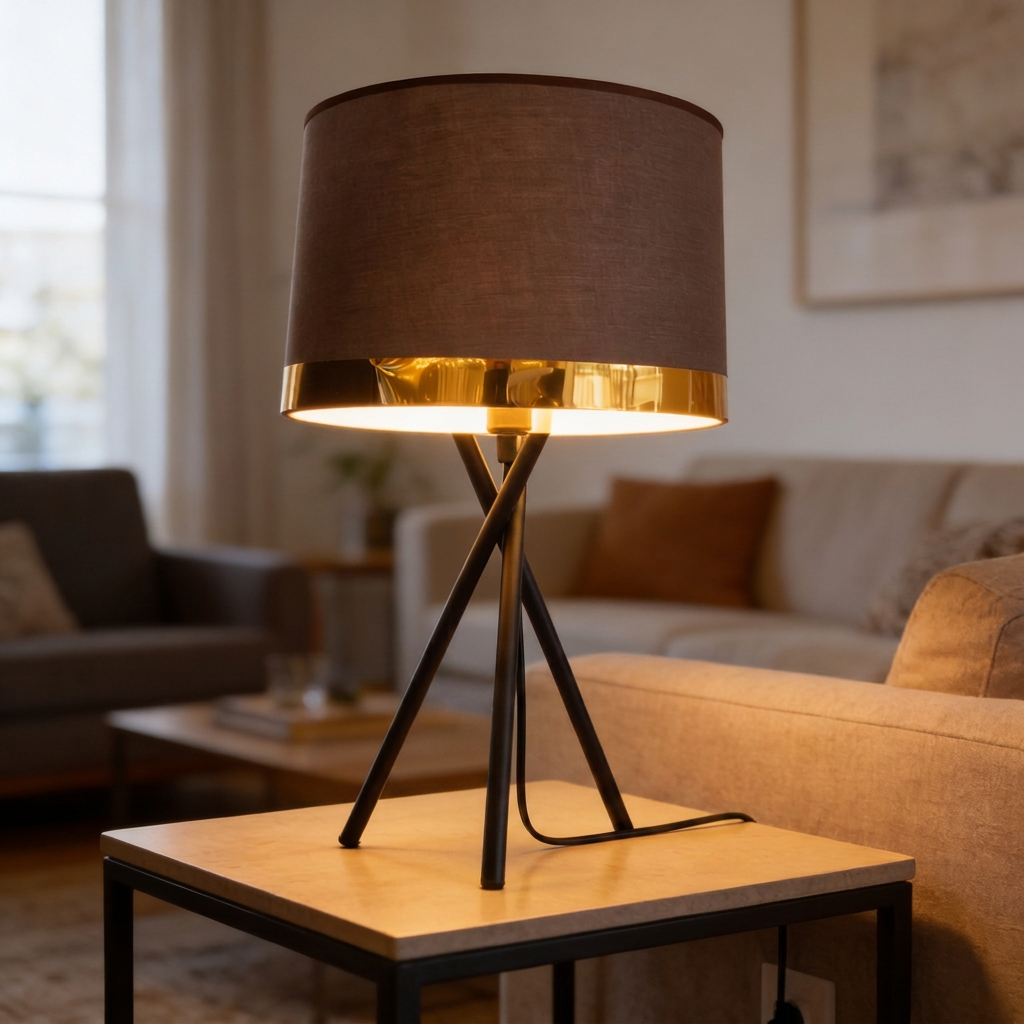 Alternative view of black tripod table lamp featuring a gold metal ring and a cotton drum shade.