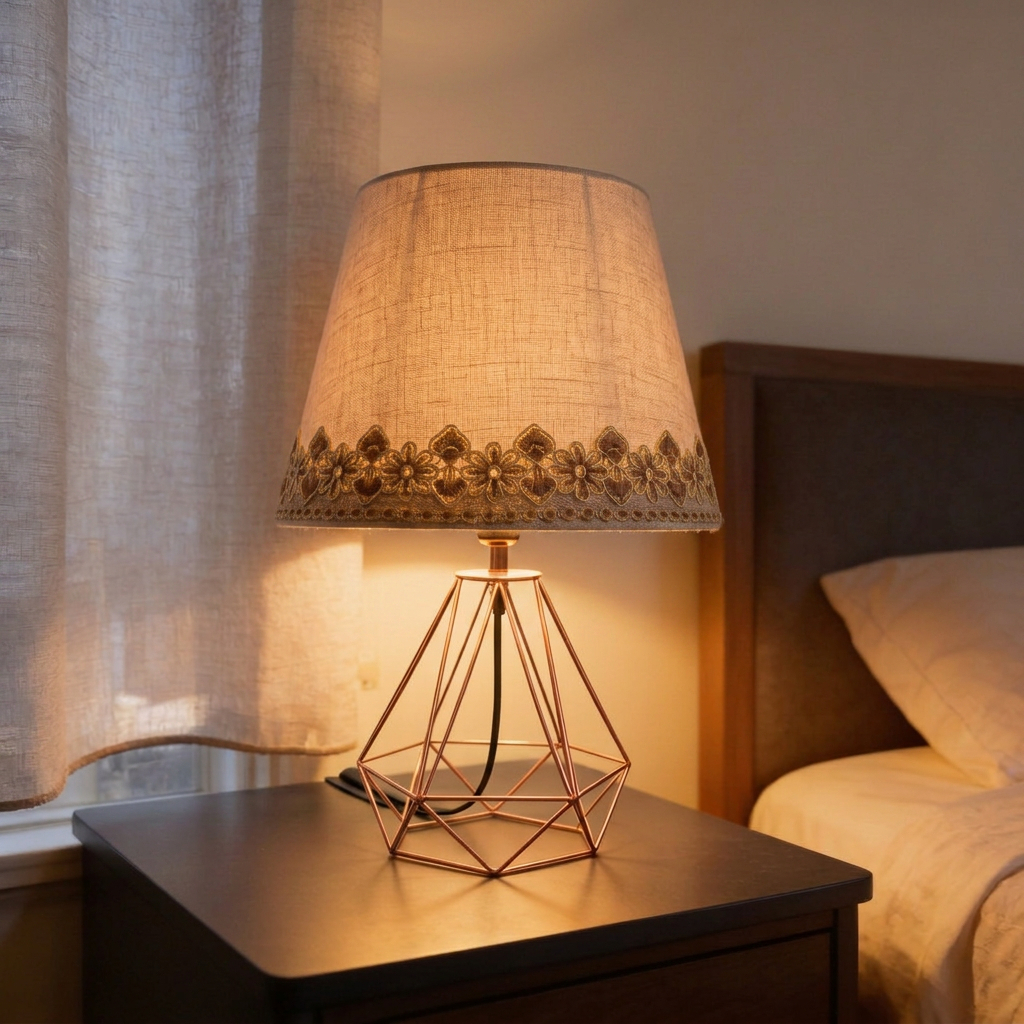 Alternative view of geometric table lamp featuring a copper-toned open wire base and a tapered fabric shade with decorative floral embroidery