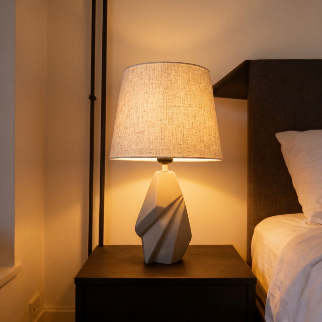Alternative view of Farmhouse Table Lamp featuring a geometric gray base and a linen shade. [1]
