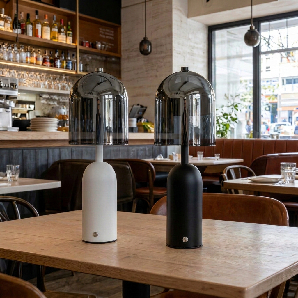 Tom Dixon Bell Portable LED table lamp featuring a polished black base and a glossy, dark, mirrored dome shade