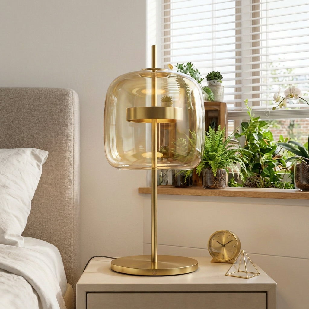 modern table lamp featuring a smoke grey glass shade and a brass-colored metal base.