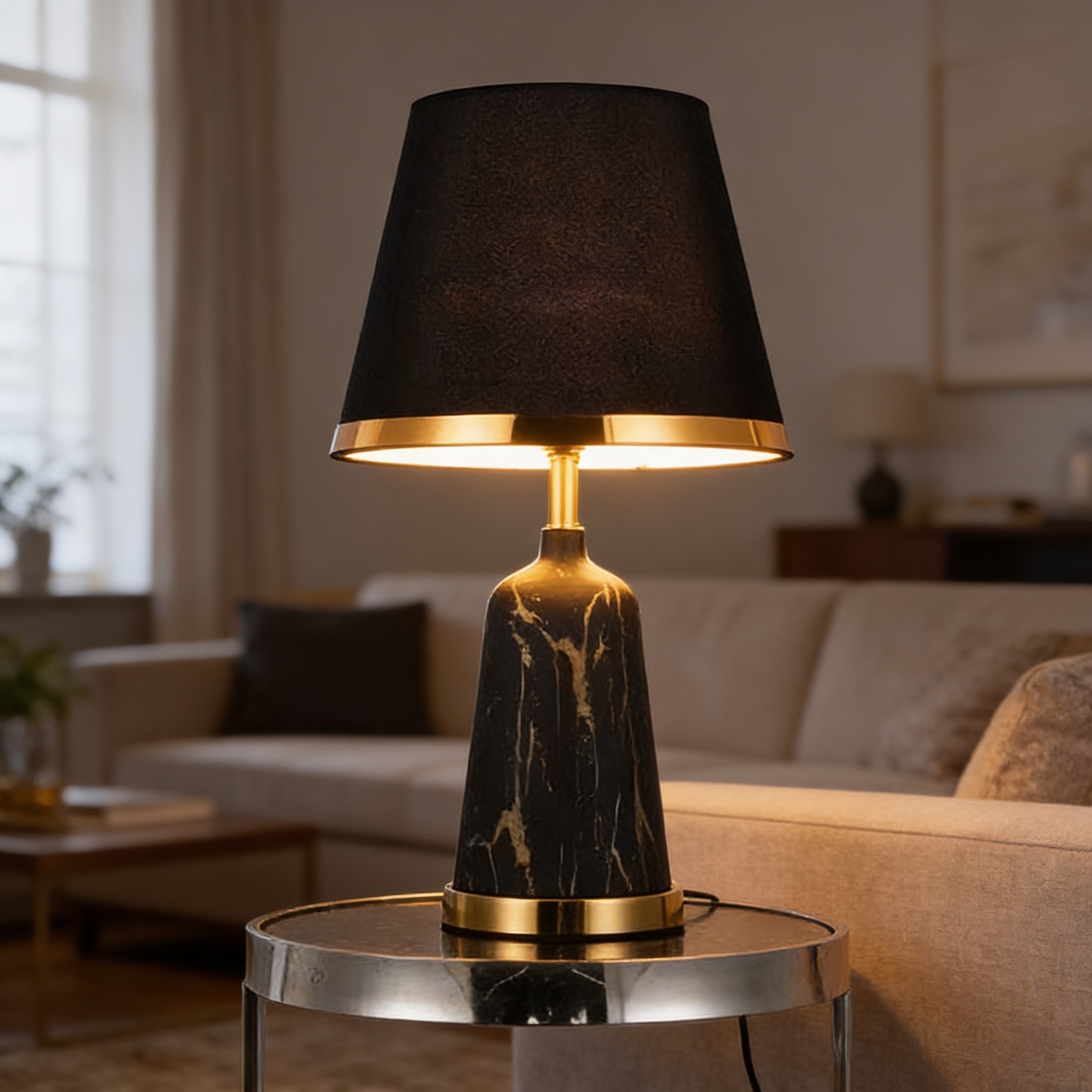 Alternative view of black marble bedside table lamp with a gold cone-shaped base and matching black shade