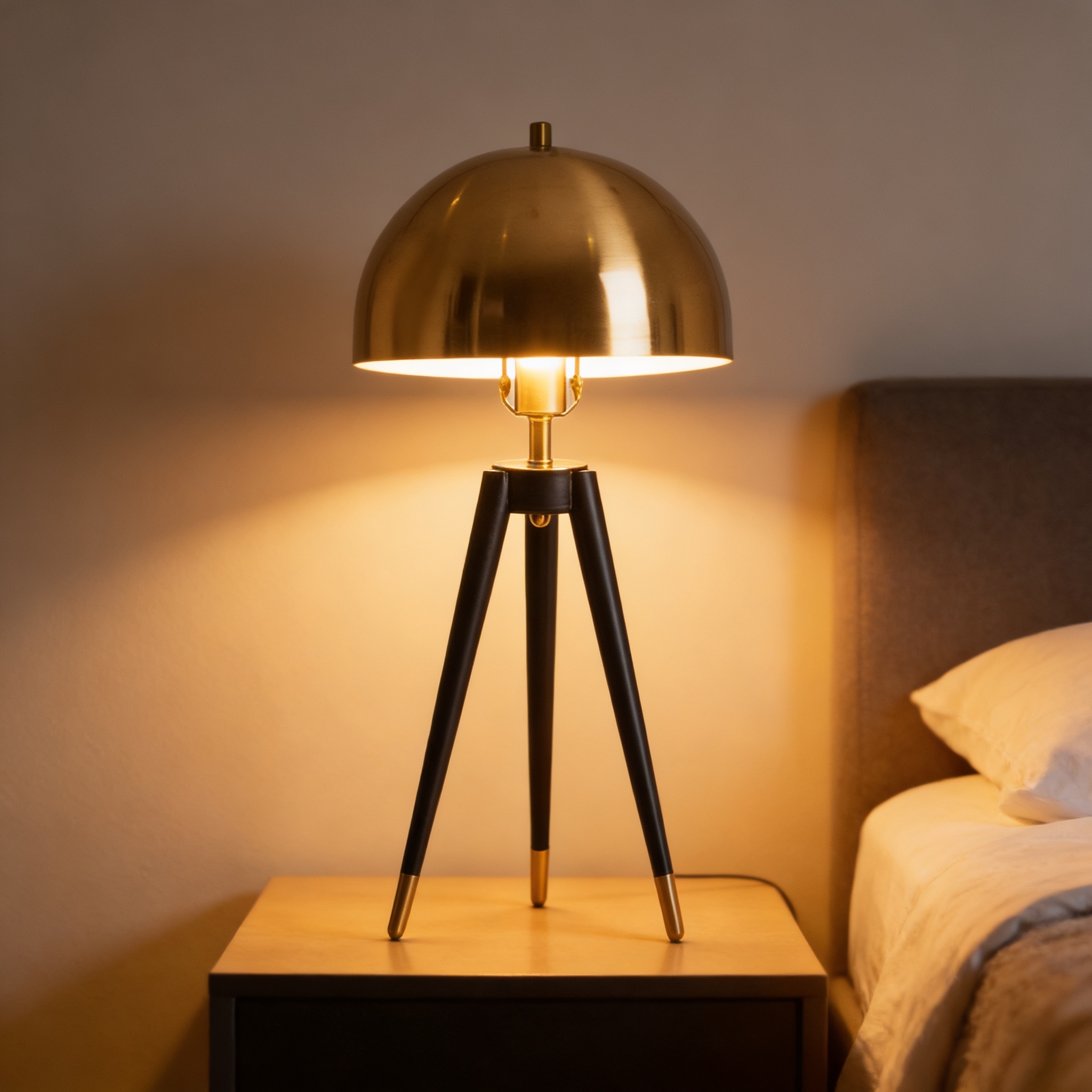 Alternative view of black and gold tripod table lamp featuring a domed metallic shade.