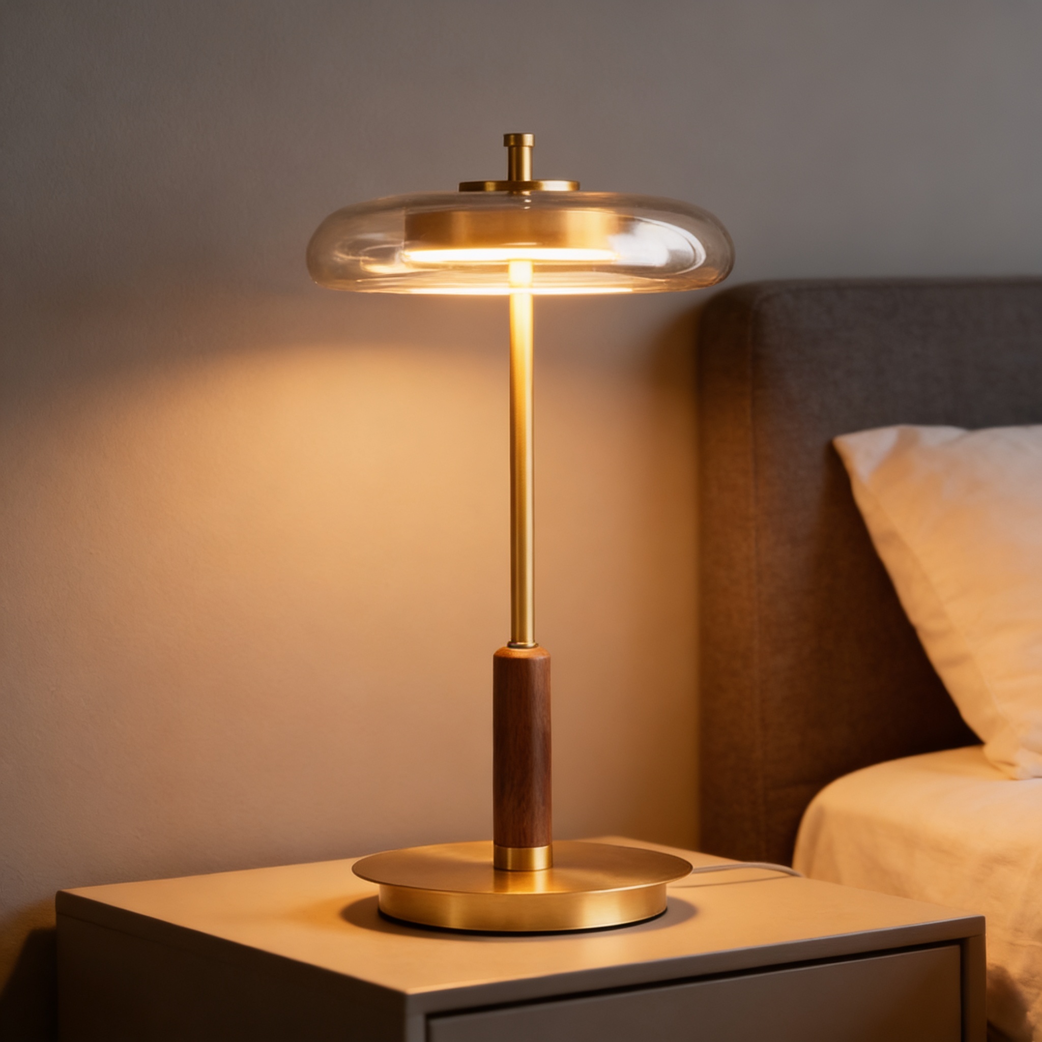 Alternative view of PURESILKS Modern Gold Desk Lamp with a brass body, walnut wood accent, and round glass lampshade.