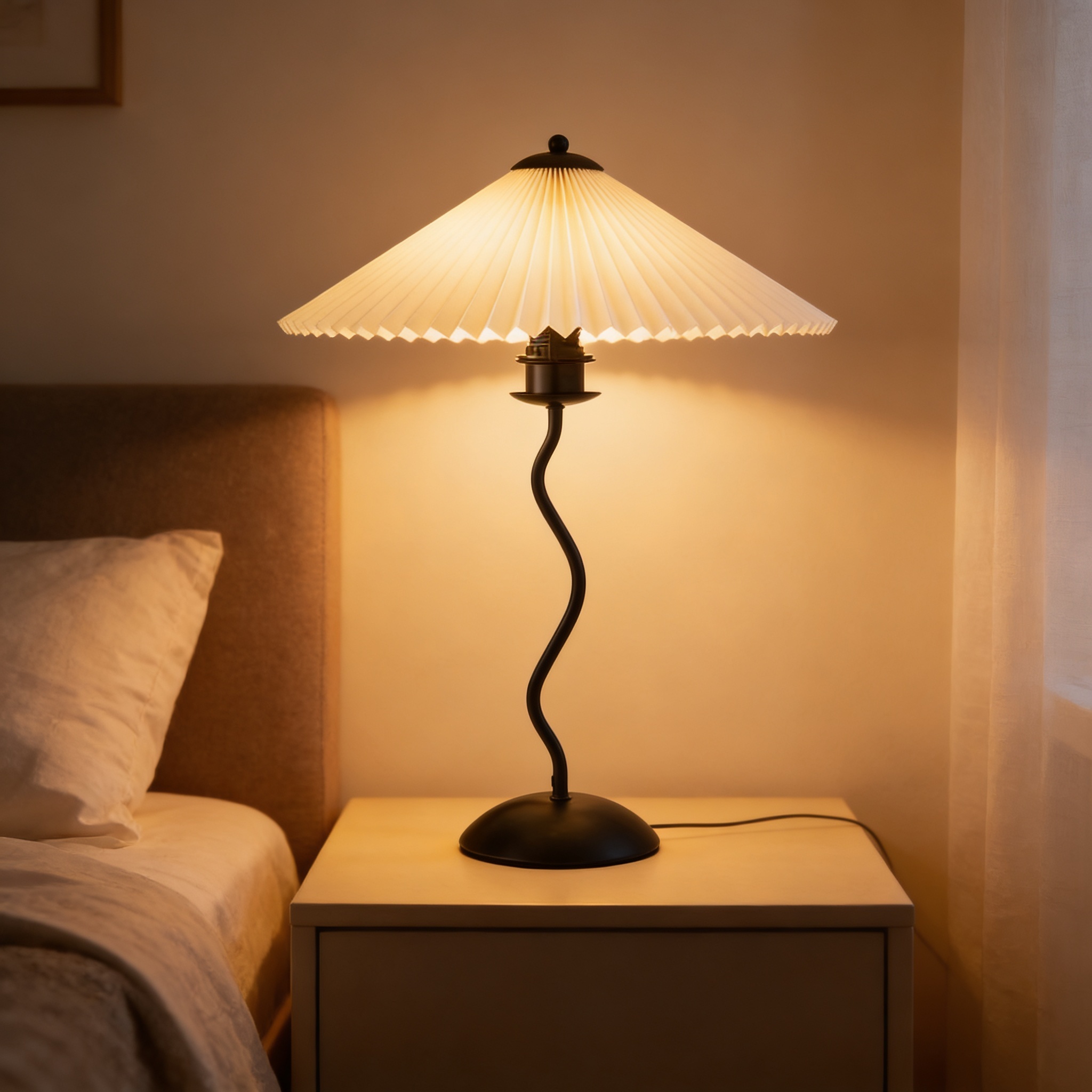 Alternative view of Lala Luxe Curve Table Lamp with a dark pleated fabric shade and a black wavy metal stem.