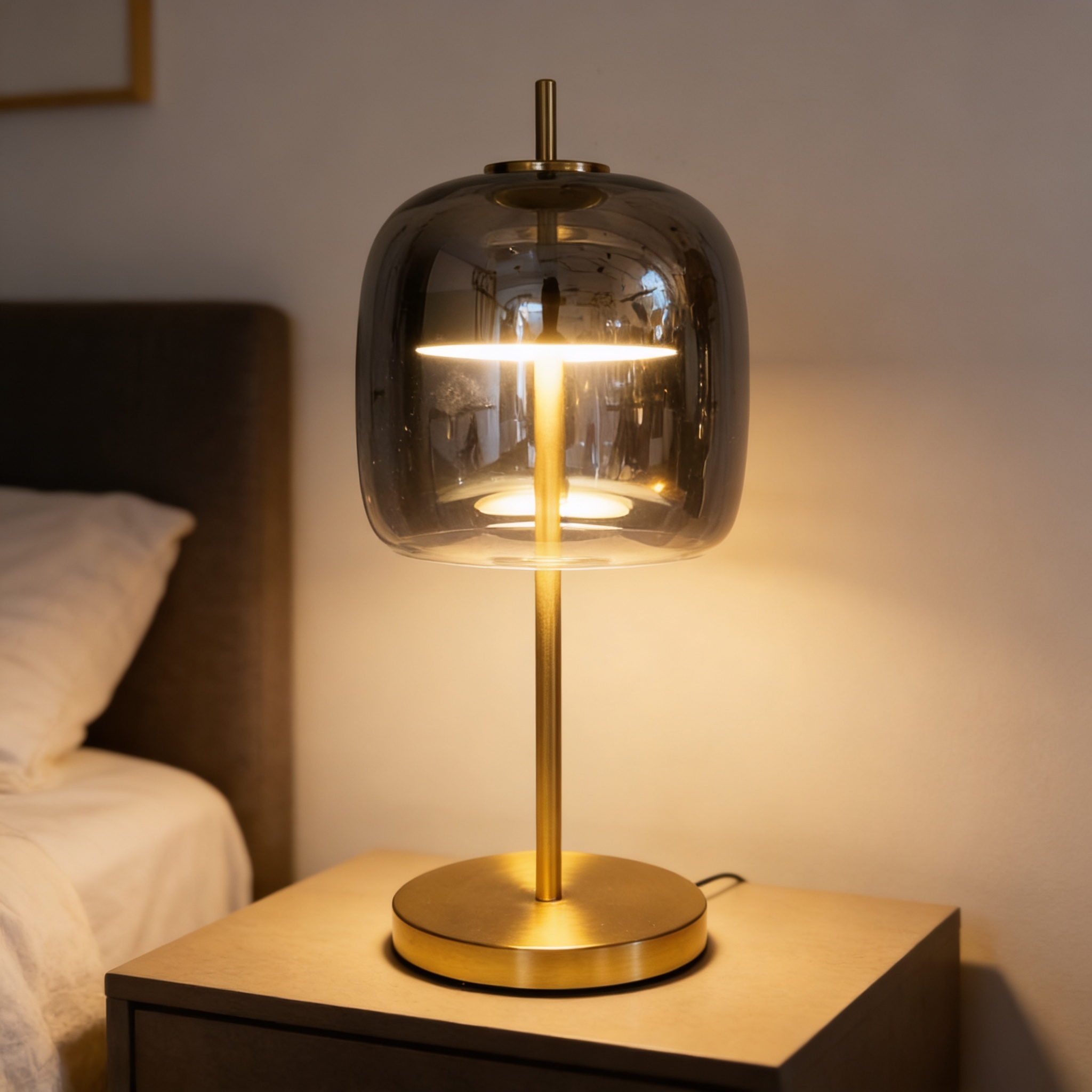 modern table lamp featuring a smoke grey glass shade and a brass-colored metal base. - Image 3