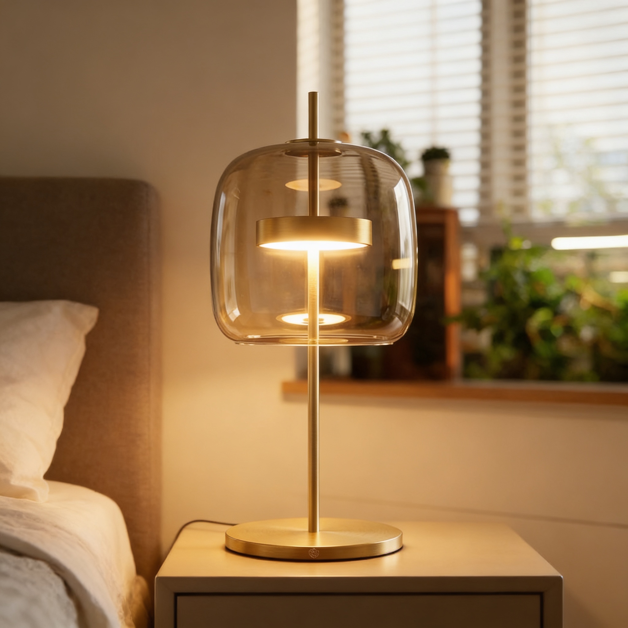 Alternative view of modern table lamp featuring a smoke grey glass shade and a brass-colored metal base.