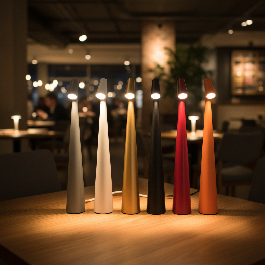 Alternative view of Vibia Africa cordless LED table lamps, known for their slender, conical aluminum stems and matte finishes
