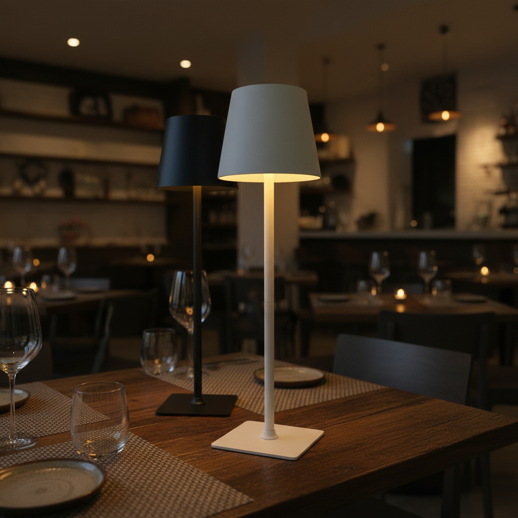 Alternative view of modern portable LED table lamps, similar to the Poldina Pro or Beper rechargeable models, designed for cordless use with dimmable touch control. 