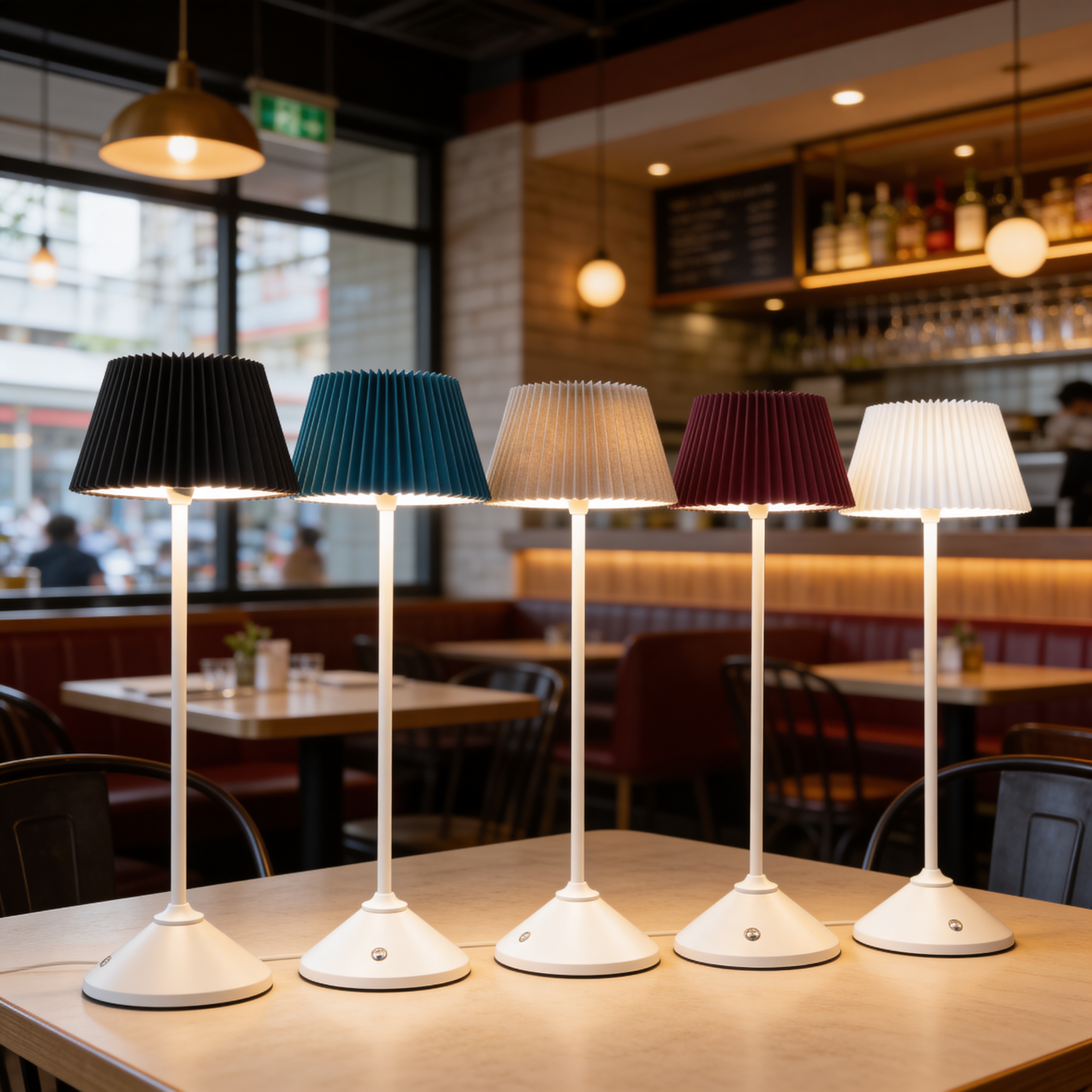 Alternative view of modern, cordless pleated table lamps often sold in sets, featuring rechargeable batteries and touch-controlled dimming