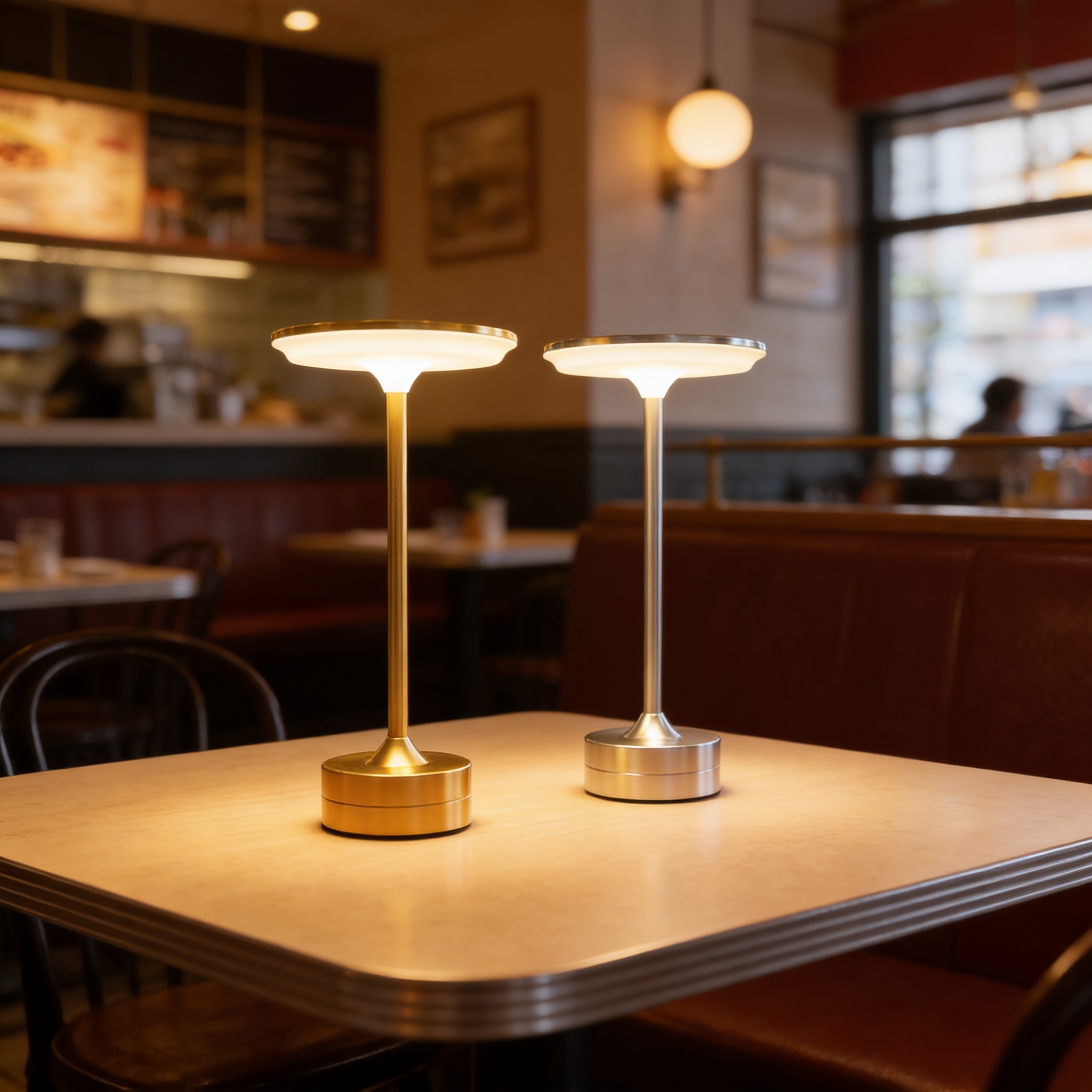 Alternative view of modern brushed cordless LED table lamp featuring a minimalist mushroom-shaped design and touch control functionality. 