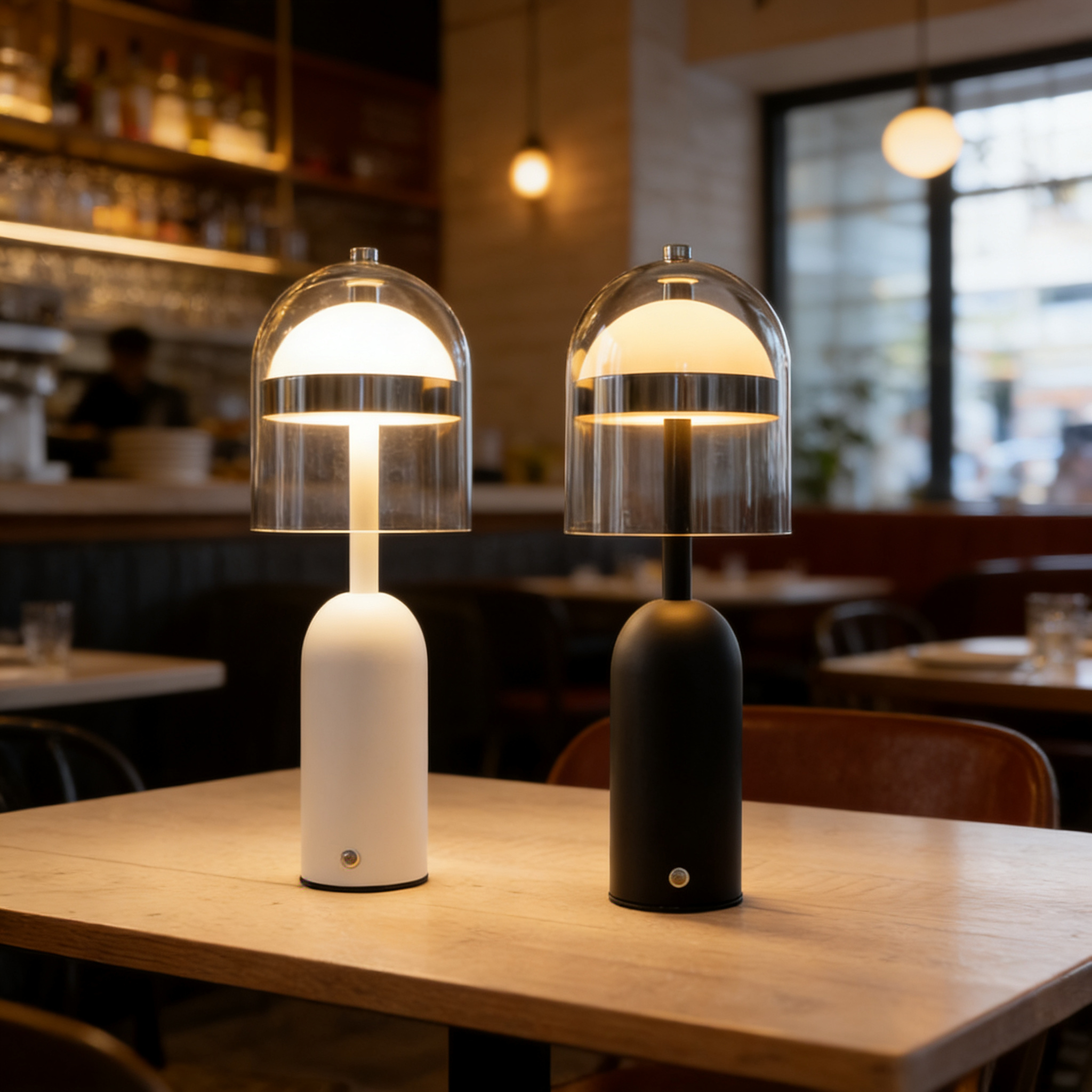 Alternative view of Tom Dixon Bell Portable LED table lamp featuring a polished black base and a glossy, dark, mirrored dome shade