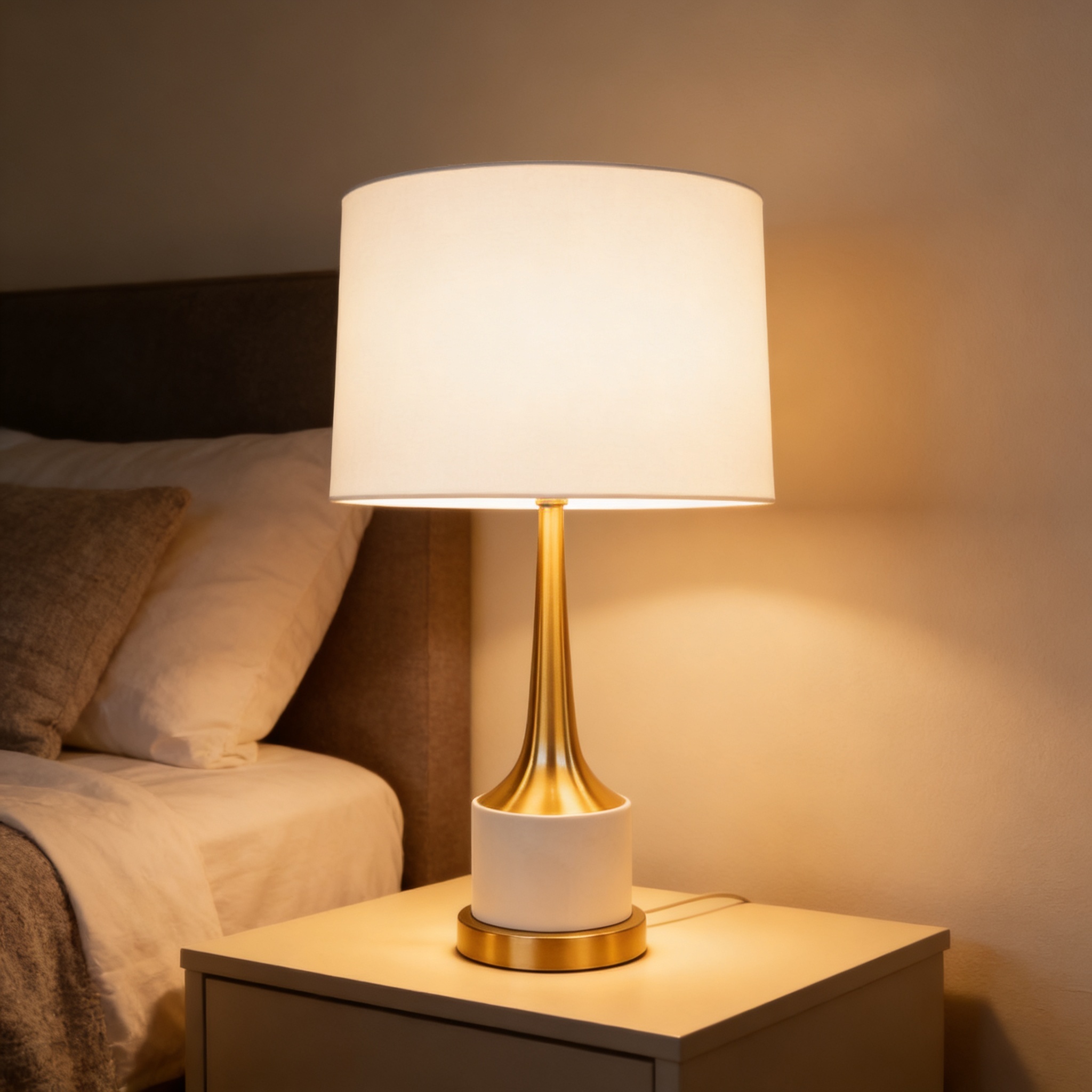 Alternative view of Hailey Home Mansfield  brass table lamp featuring a handcrafted steel base and a white drum shade.