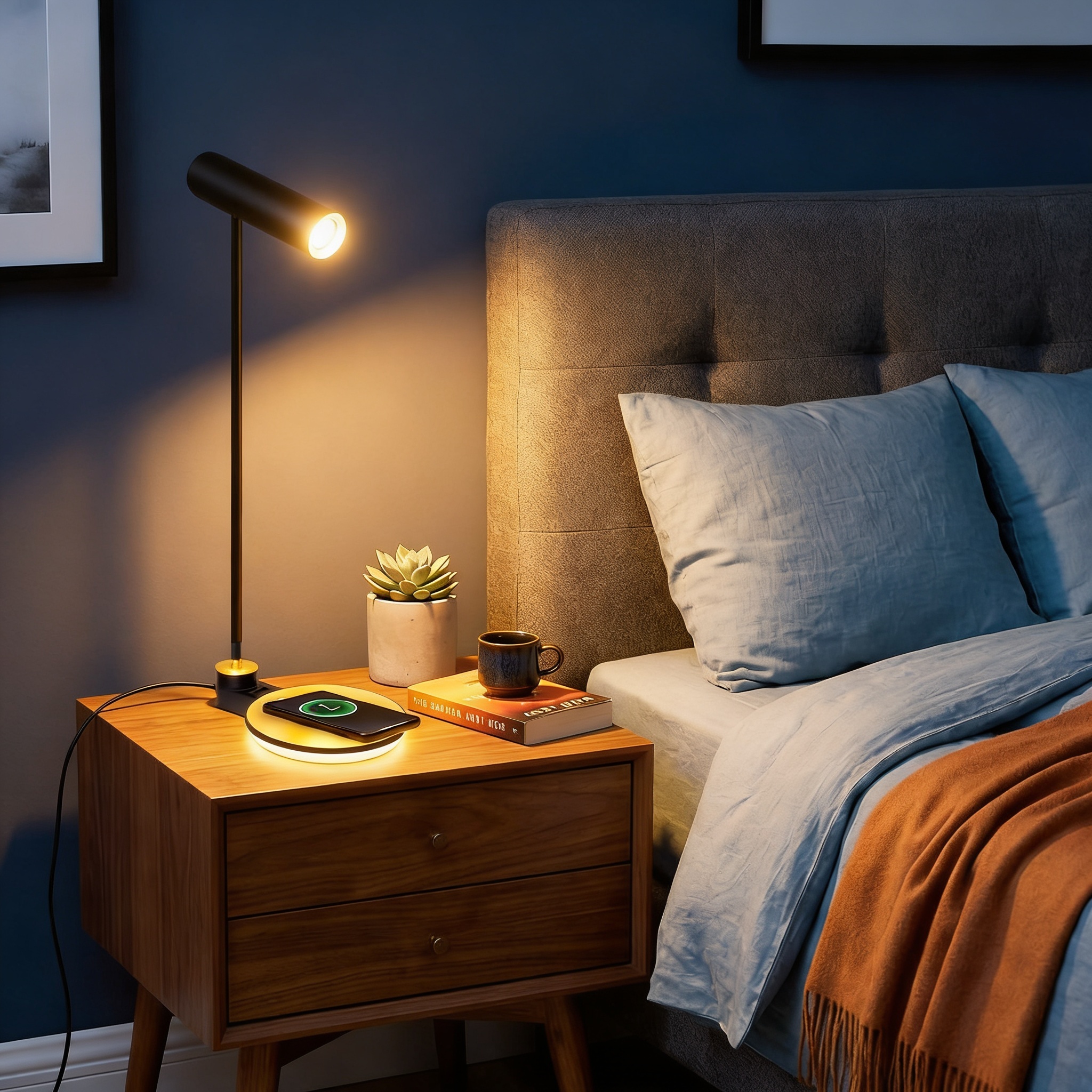 Alternative view of LED table lamp featuring a built-in wireless charging pad