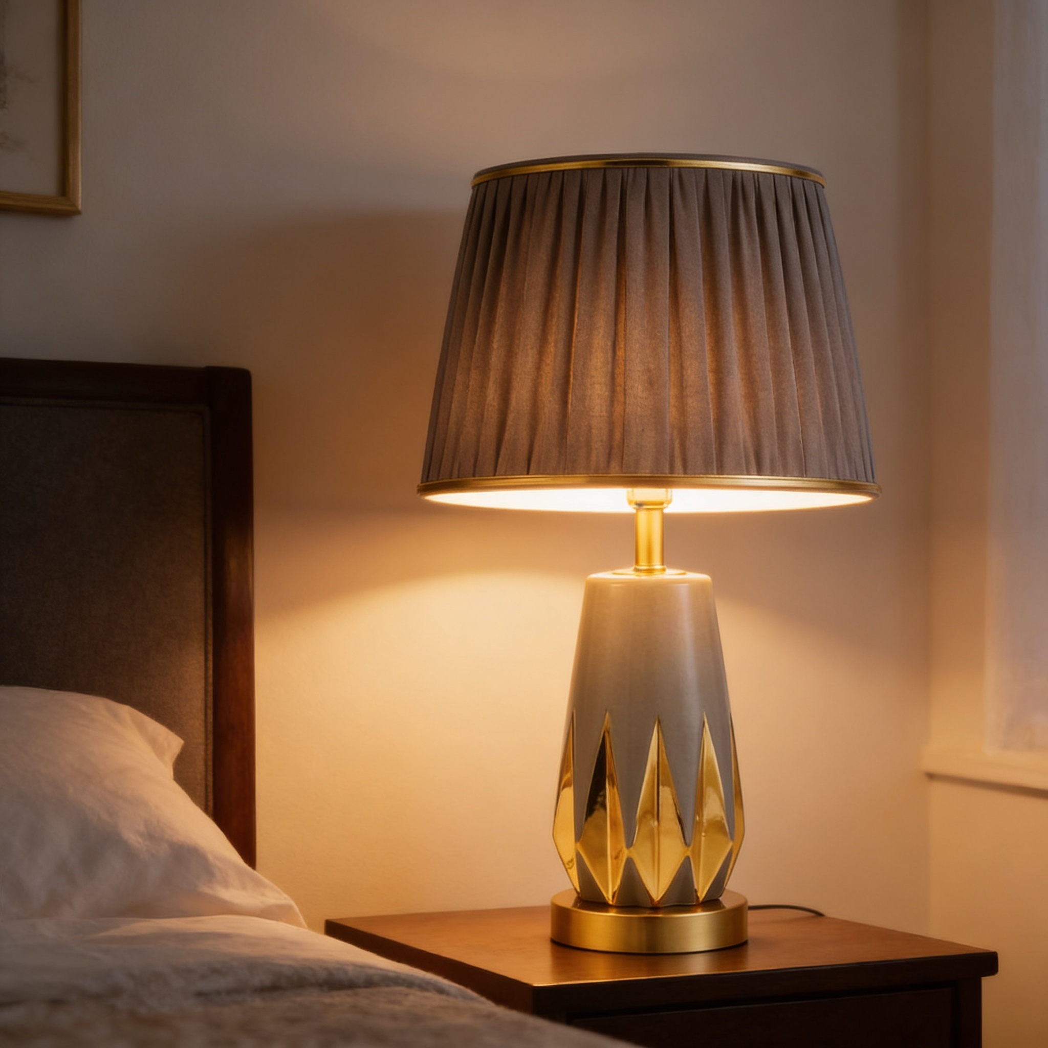 table lamp featuring a pleated grey shade and a ceramic base with gold accents.