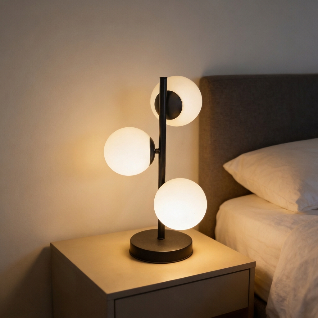 Alternative view of AMARTIZ Modern Gold Globe Table Lamp featuring three milk white glass shades and a gold metal base.