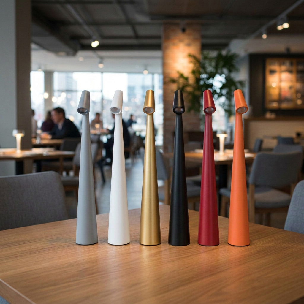 Vibia Africa cordless LED table lamps, known for their slender, conical aluminum stems and matte finishes