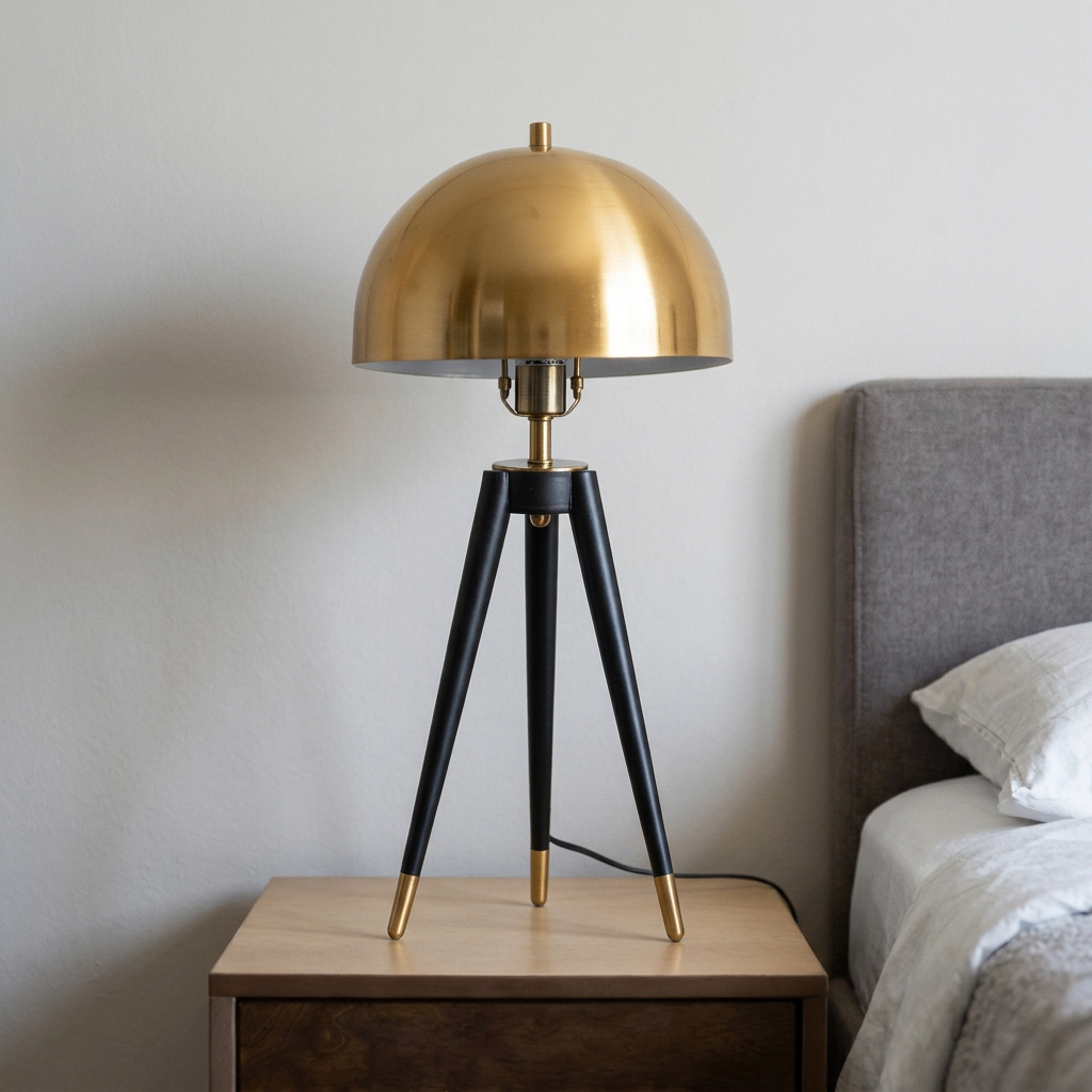 black and gold tripod table lamp featuring a domed metallic shade.
