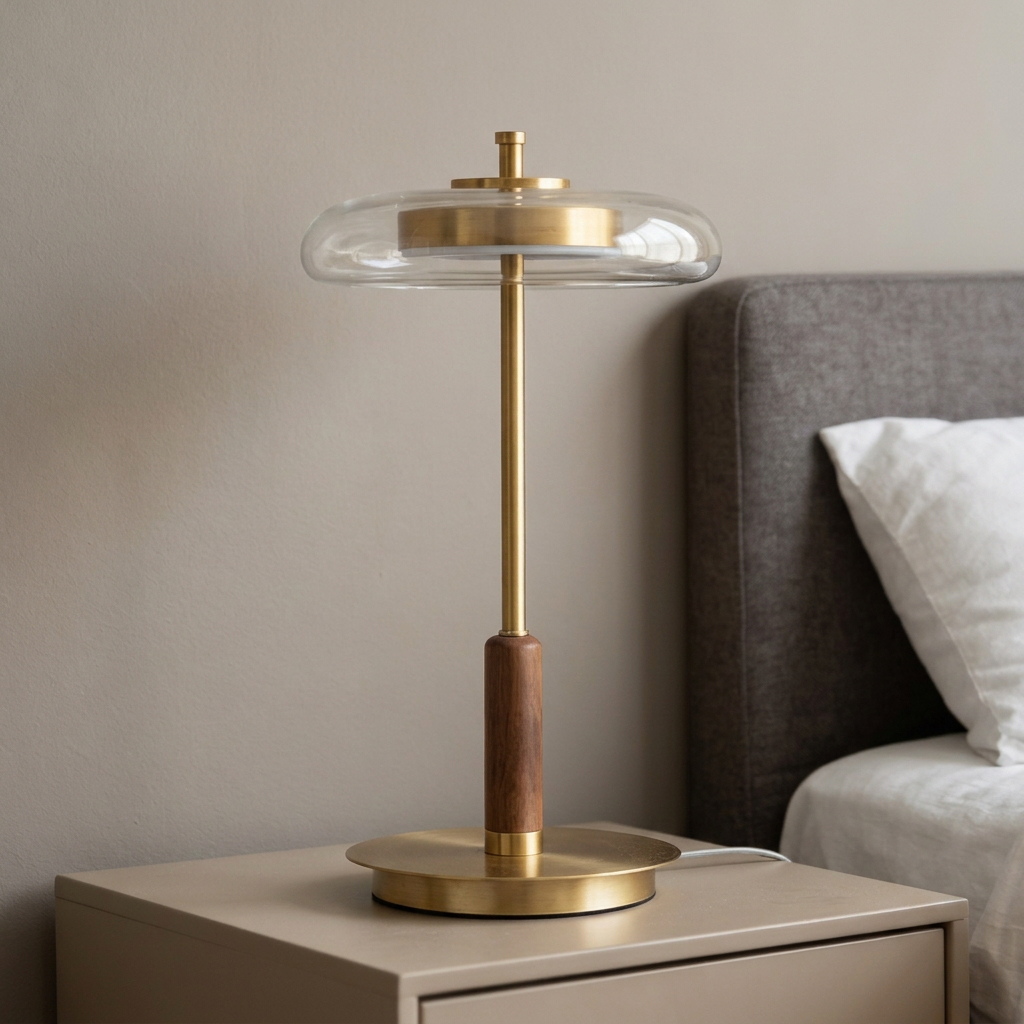 PURESILKS Modern Gold Desk Lamp with a brass body, walnut wood accent, and round glass lampshade.