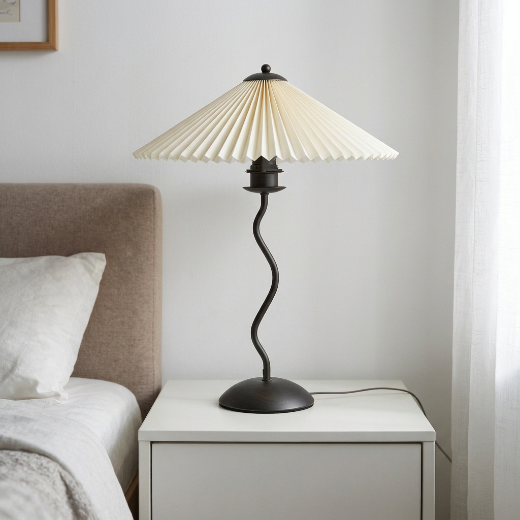 Lala Luxe Curve Table Lamp with a dark pleated fabric shade and a black wavy metal stem.