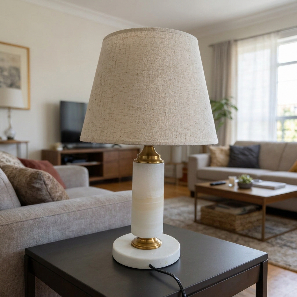 Uttermost Plinth White Marble Table Lamp with brass accents and a textured shade. [1, 2]